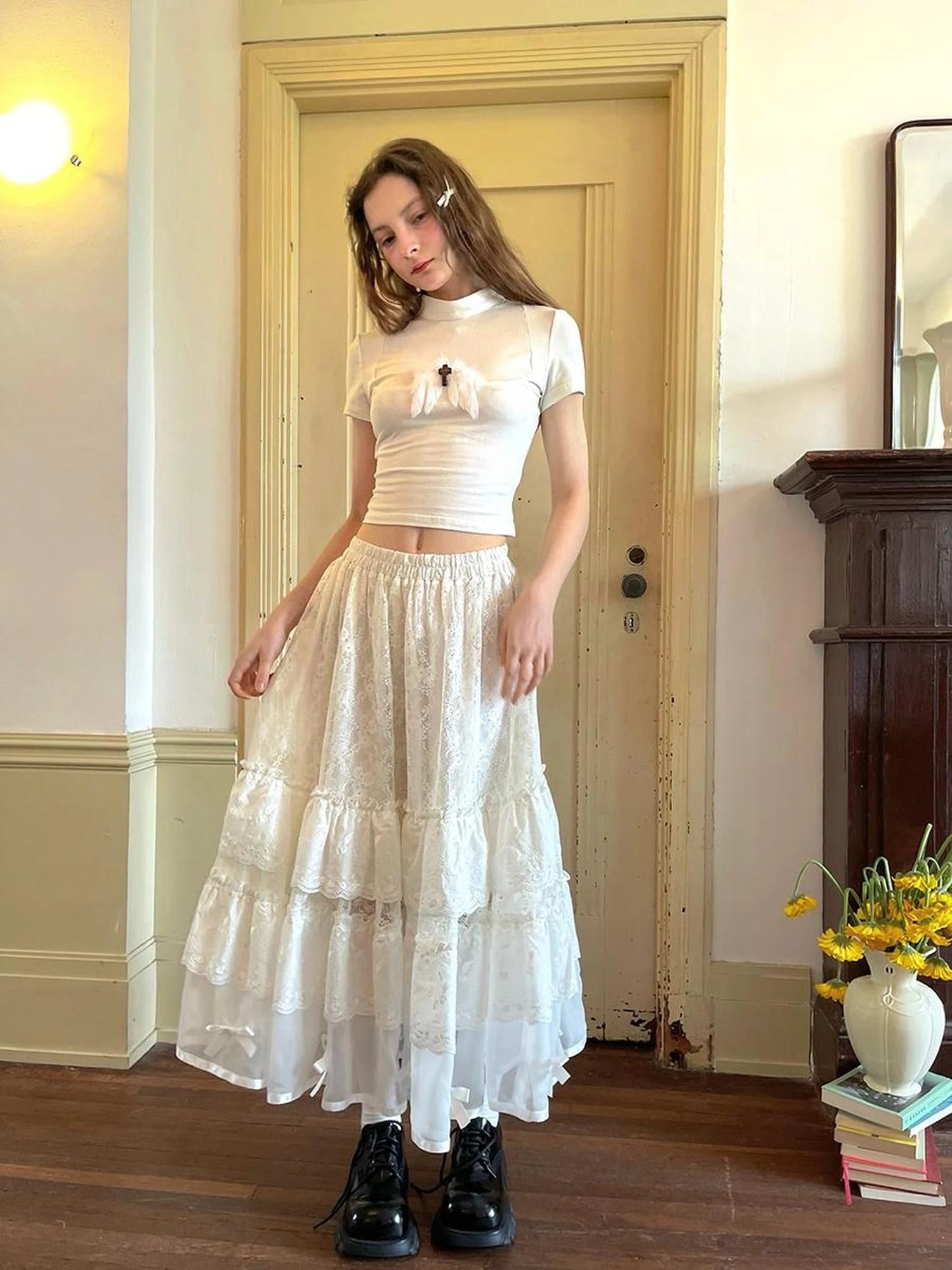 Angel Tears Feather Cross Dark Graphic Cotton T-Shirt