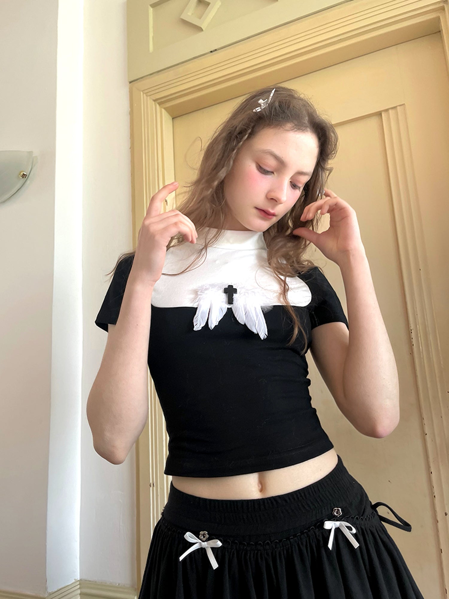 Daytoday Angel Tears Feather Cross Dark Graphic Cotton T-Shirt