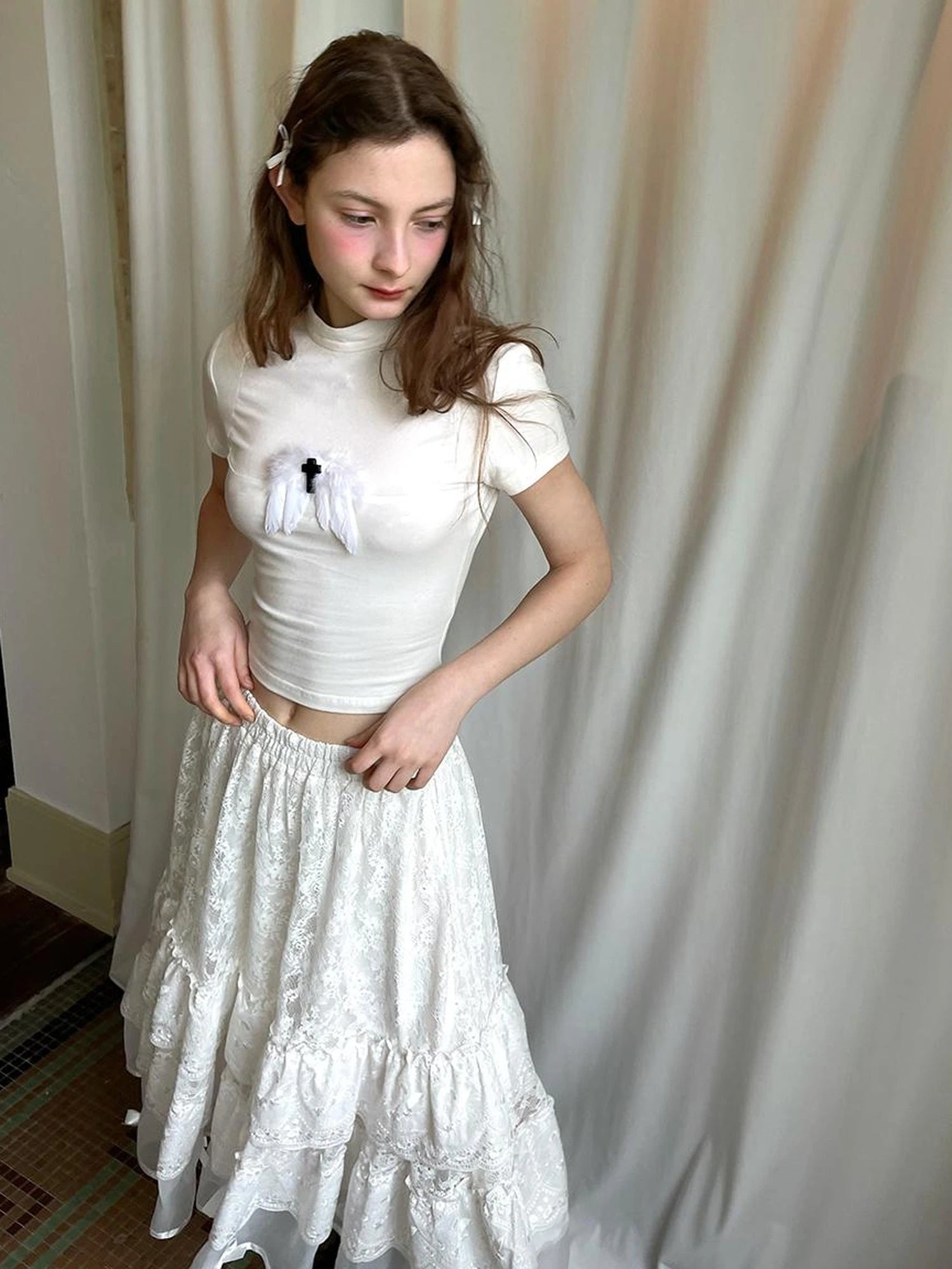 Angel Tears Feather Cross Dark Graphic Cotton T-Shirt