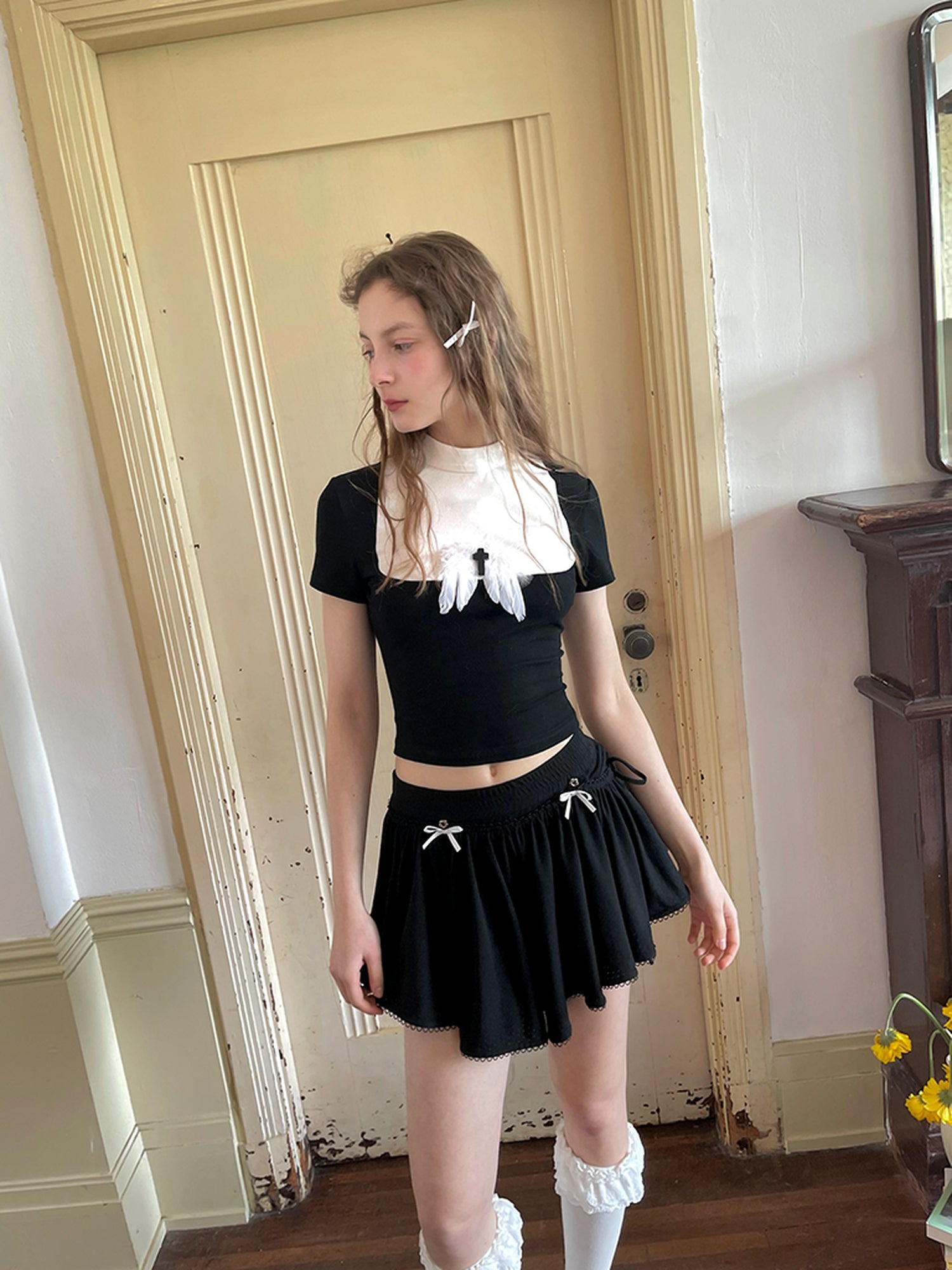 Daytoday Angel Tears Feather Cross Dark Graphic Cotton T-Shirt