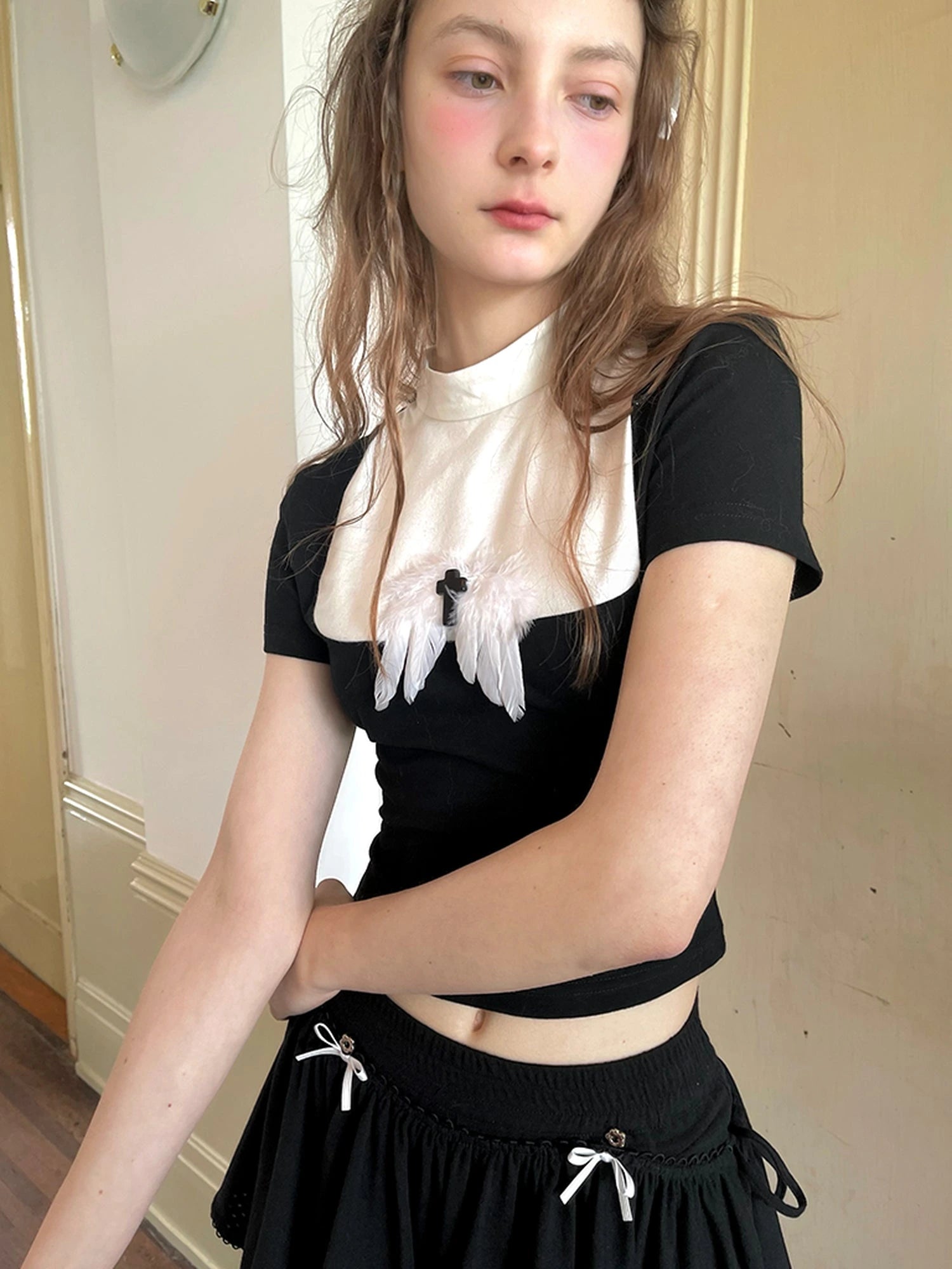 Angel Tears Feather Cross Dark Graphic Cotton T-Shirt