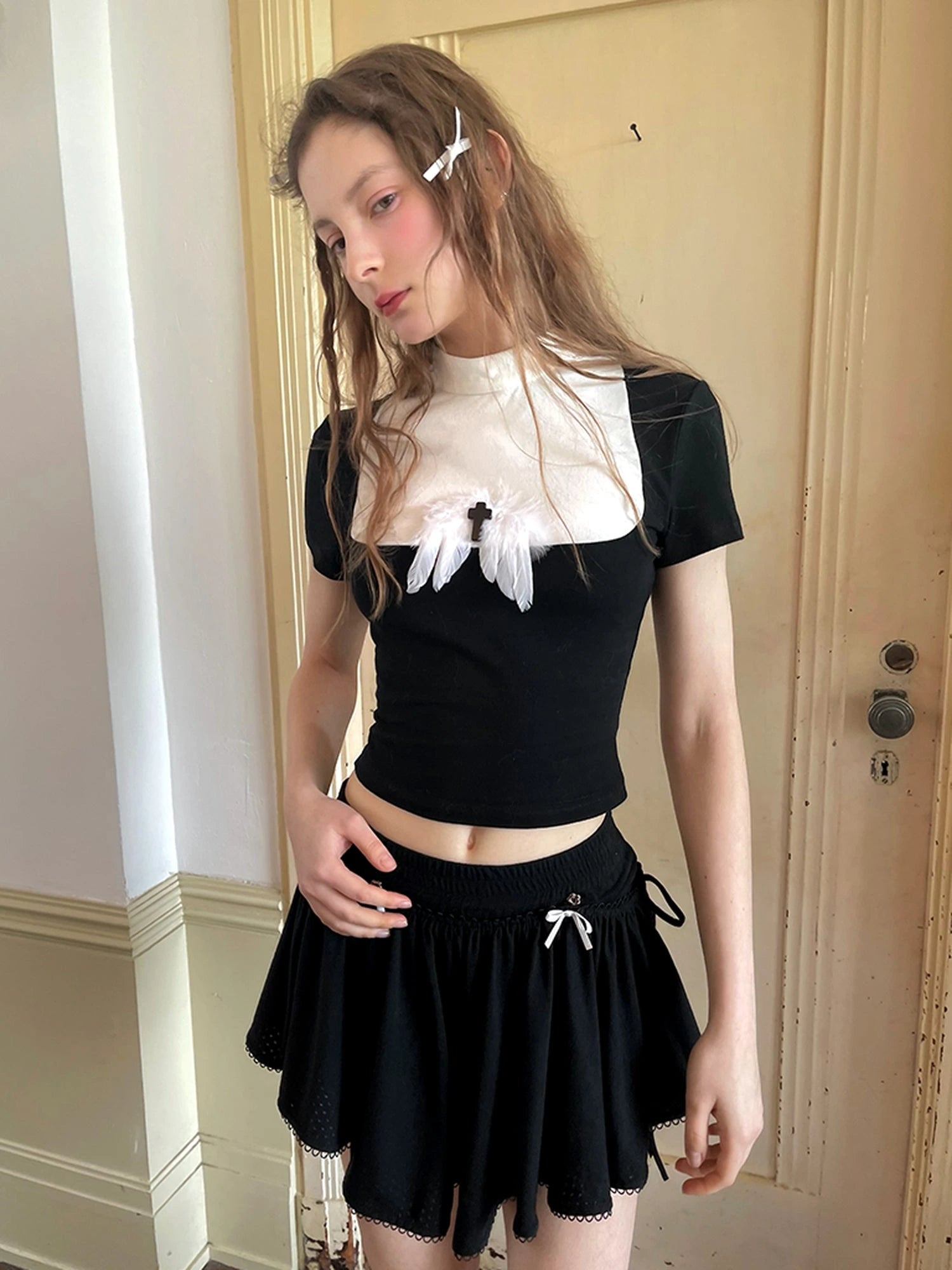 Angel Tears Feather Cross Dark Graphic Cotton T-Shirt