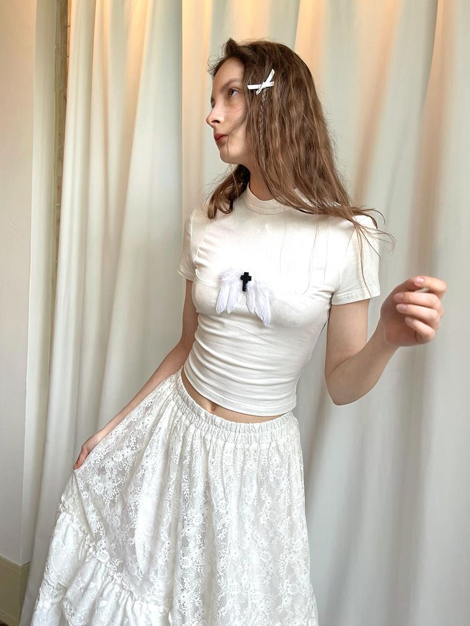Daytoday Angel Tears Feather Cross Dark Graphic Cotton T-Shirt