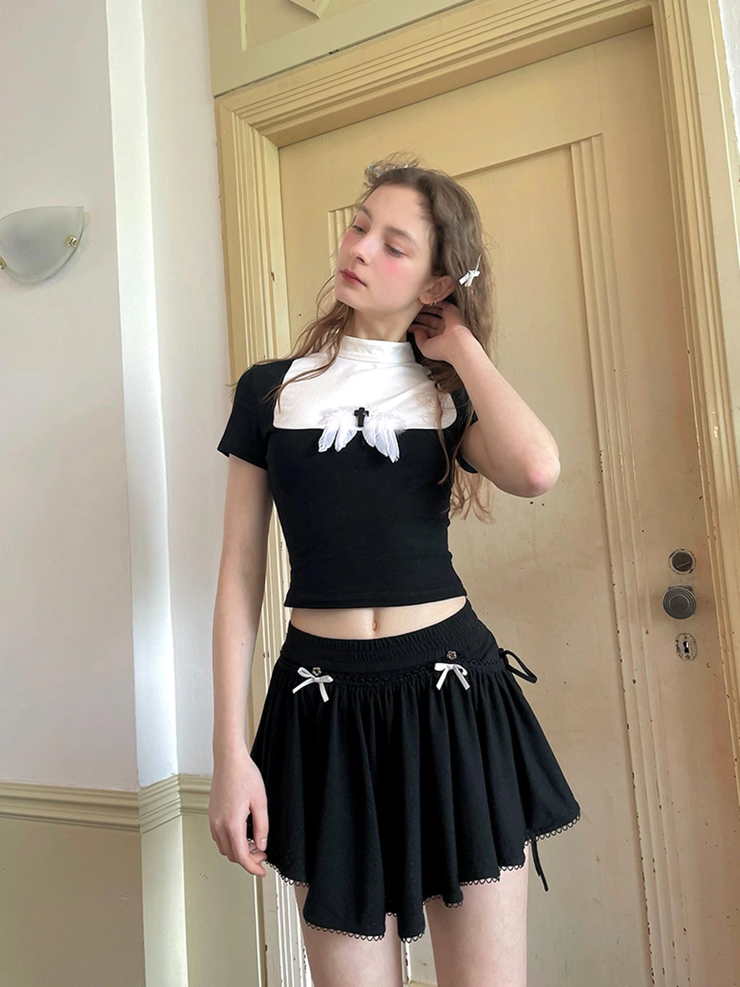 Angel Tears Feather Cross Dark Graphic Cotton T-Shirt