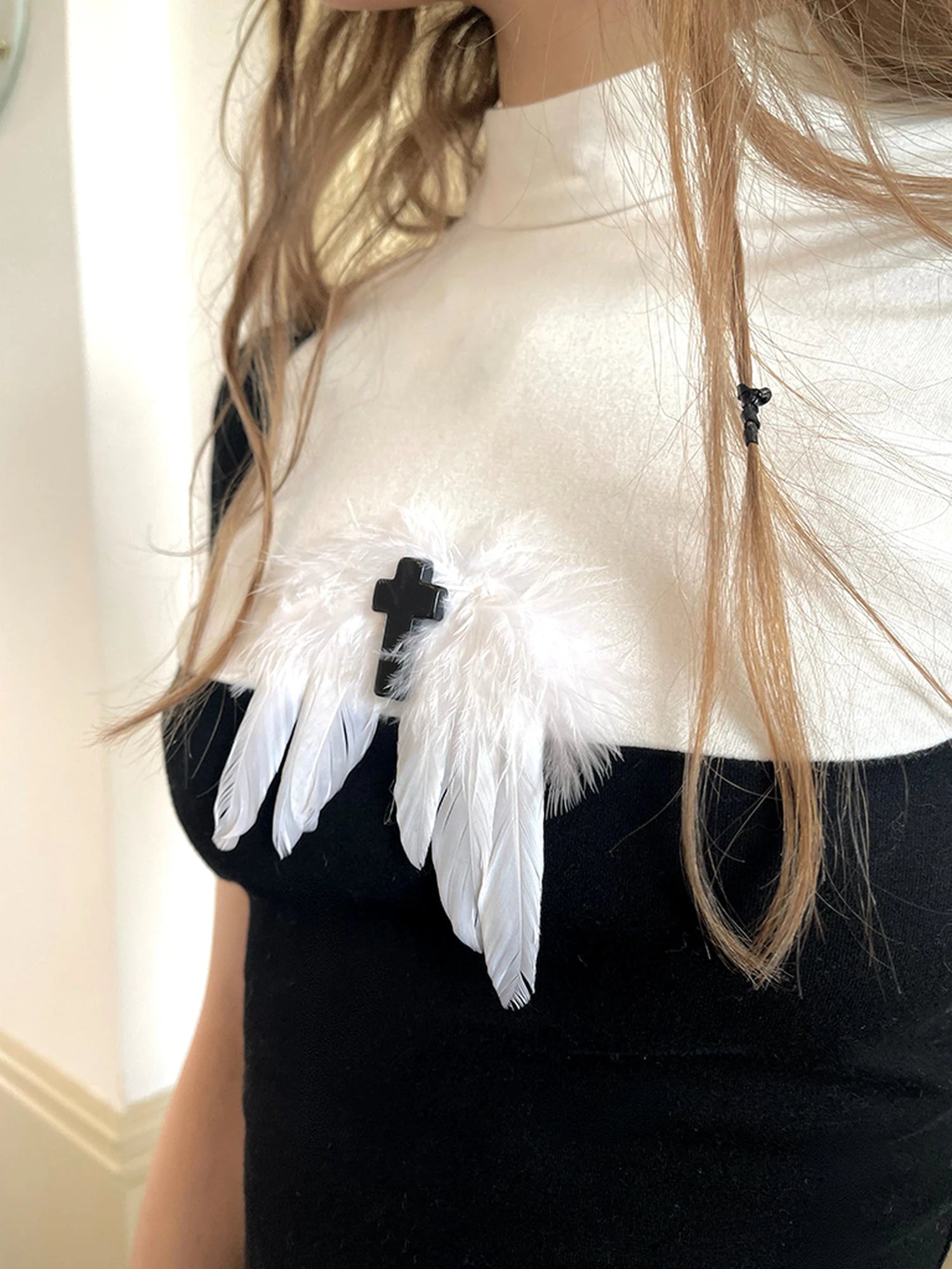 Angel Tears Feather Cross Dark Graphic Cotton T-Shirt