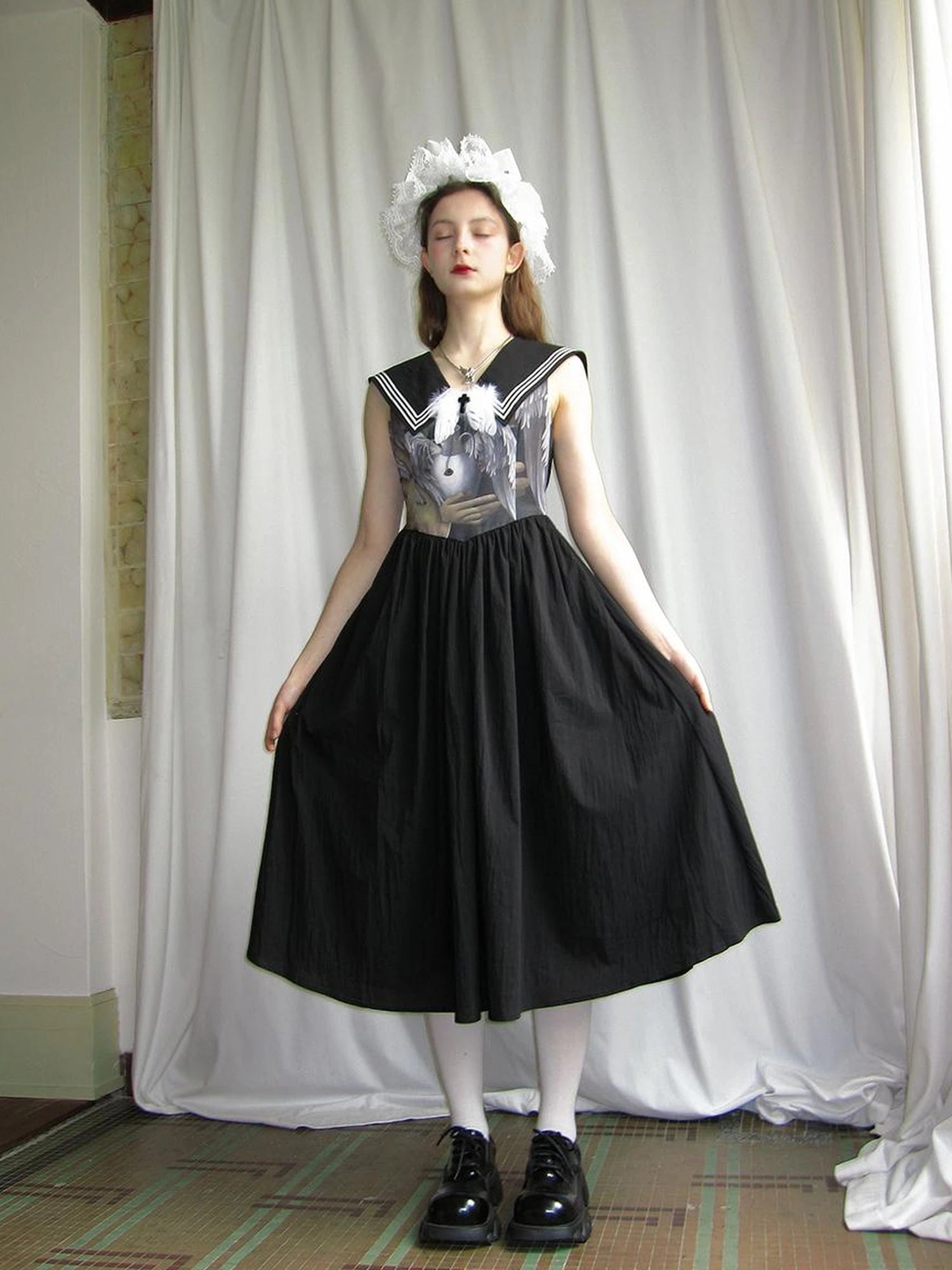 Angel Tears Feather Cross Sleeveless V Neck Dress