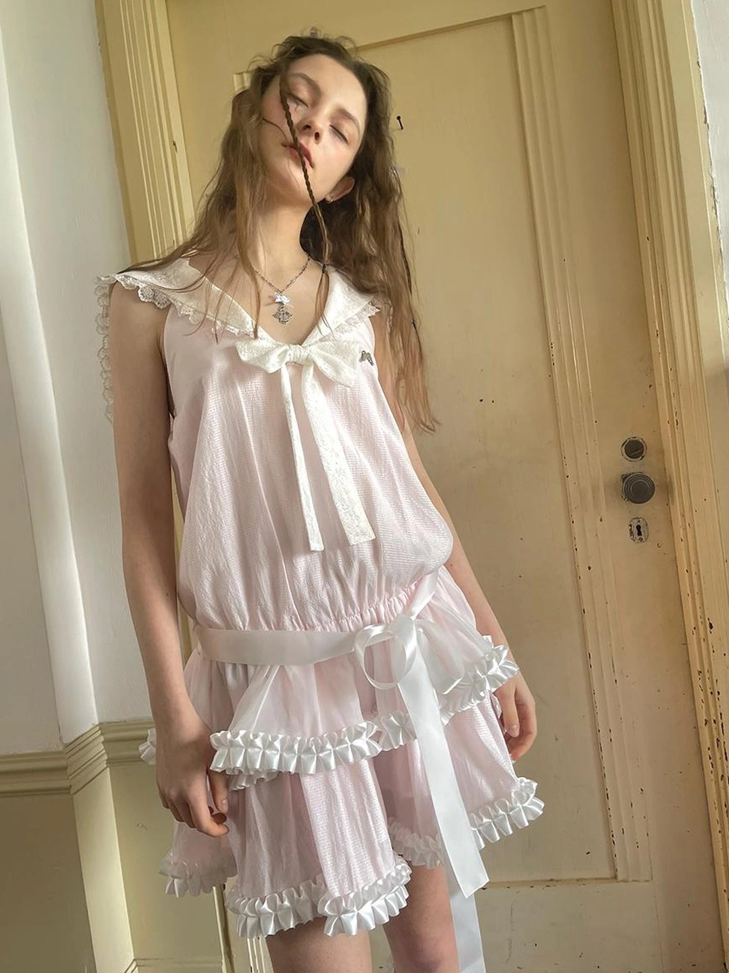 Angel Tears Pink Lace Bow Sailor Collar Sleeveless Low Waist Dress