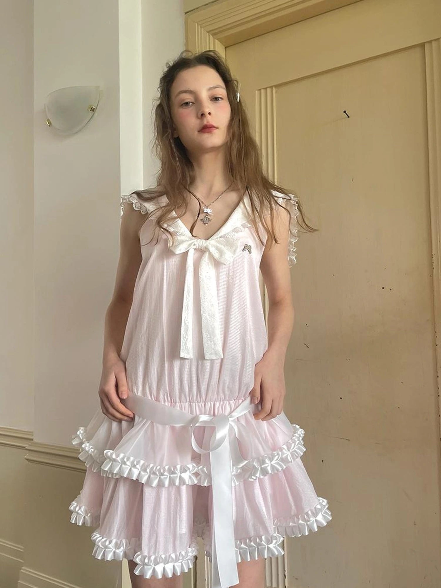 Angel Tears Pink Lace Bow Sailor Collar Sleeveless Low Waist Dress