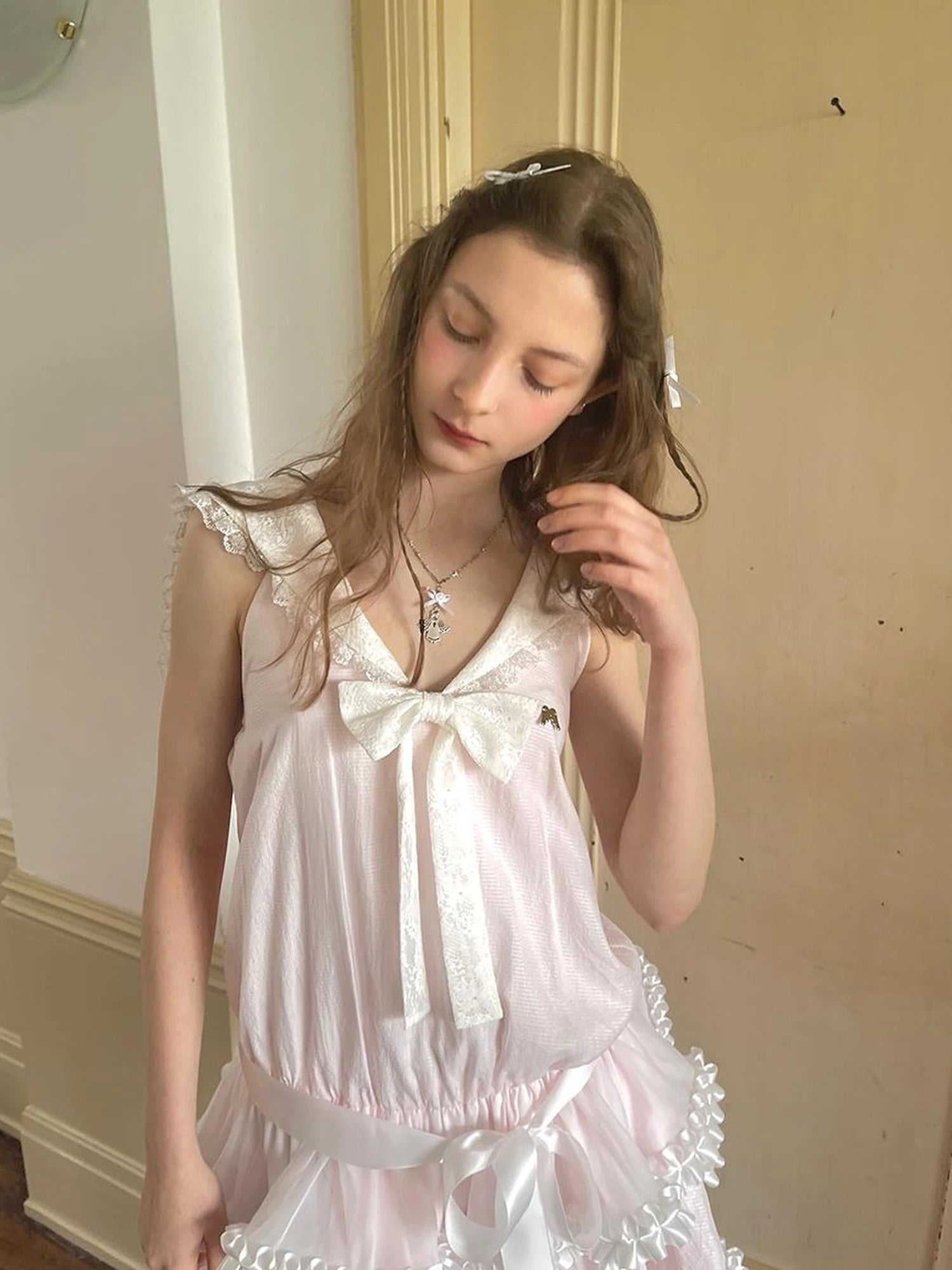 Angel Tears Pink Lace Bow Sailor Collar Sleeveless Low Waist Dress