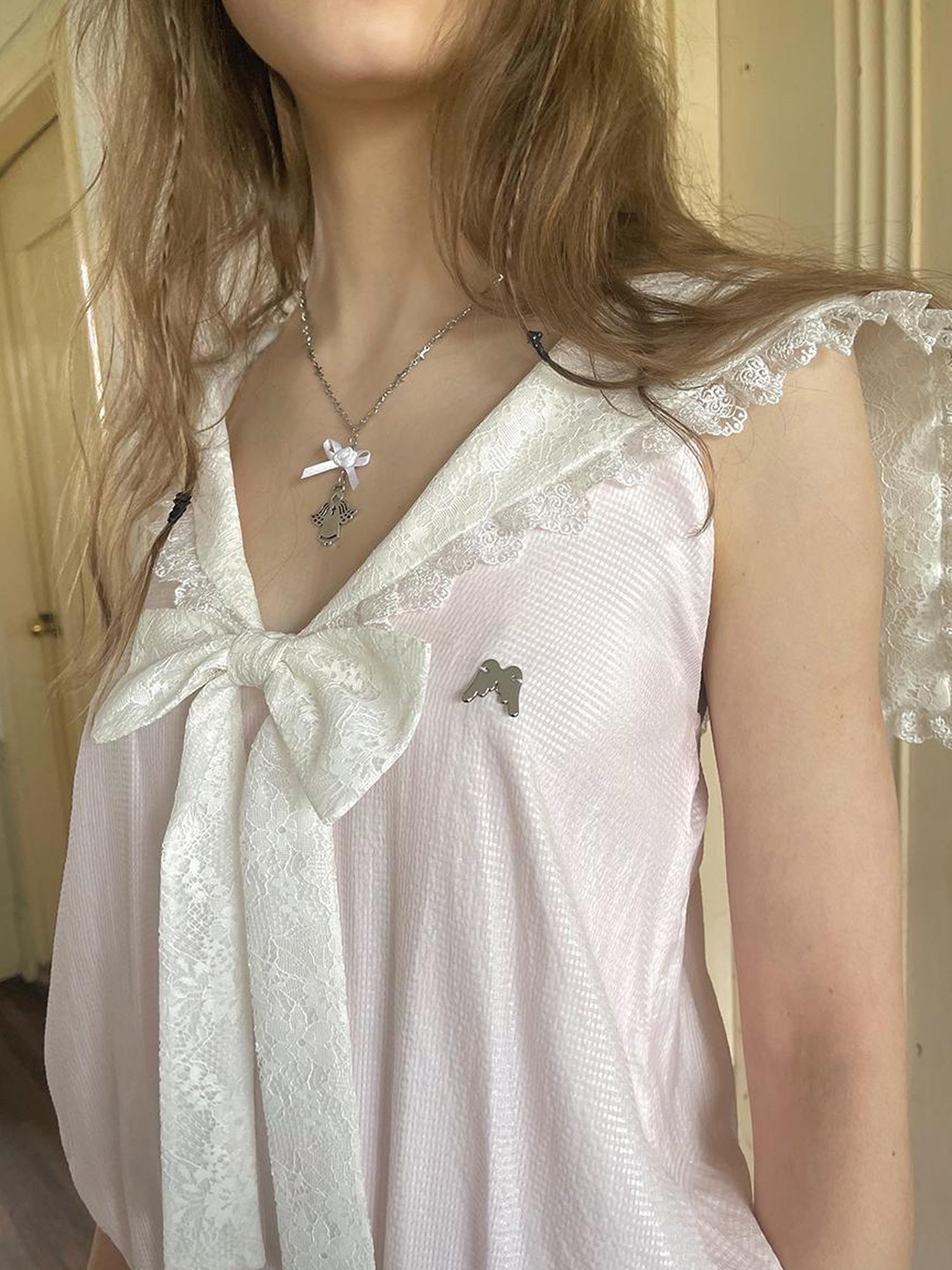 Daytoday Angel Tears Pink Lace Bow Sailor Collar Sleeveless Low Waist Dress