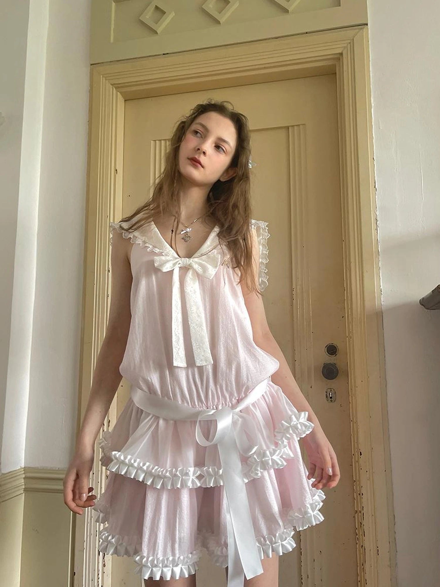 Angel Tears Pink Lace Bow Sailor Collar Sleeveless Low Waist Dress