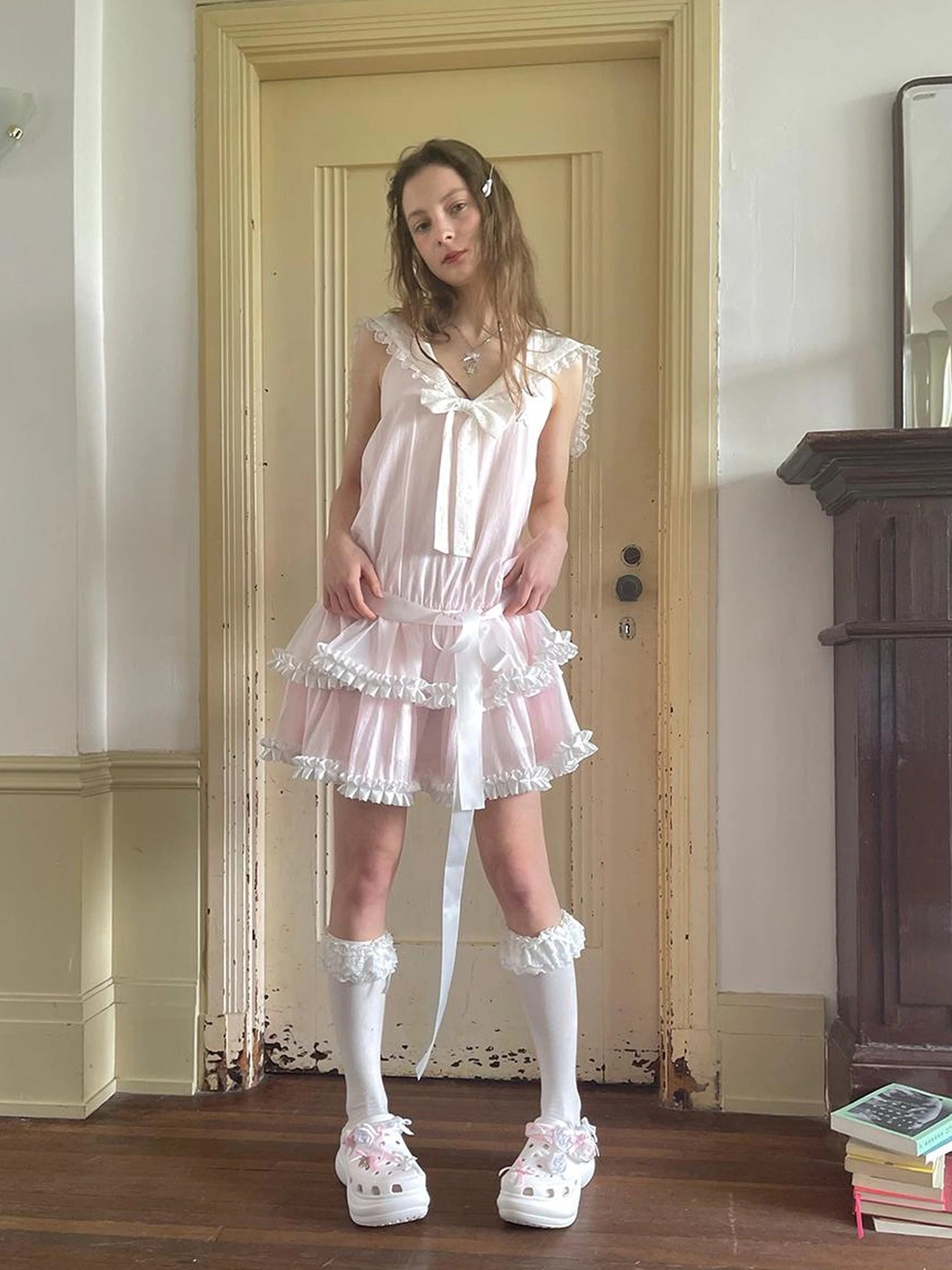 Angel Tears Pink Lace Bow Sailor Collar Sleeveless Low Waist Dress