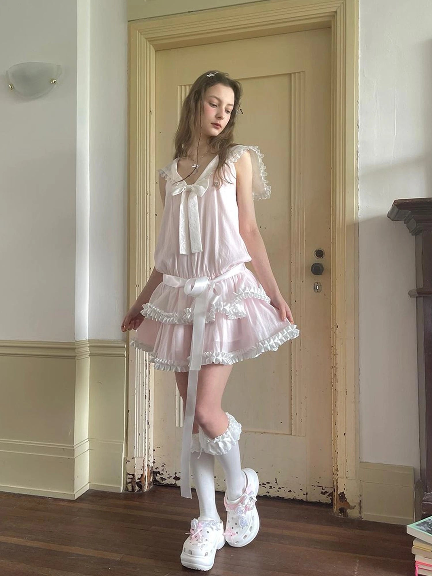 Angel Tears Pink Lace Bow Sailor Collar Sleeveless Low Waist Dress