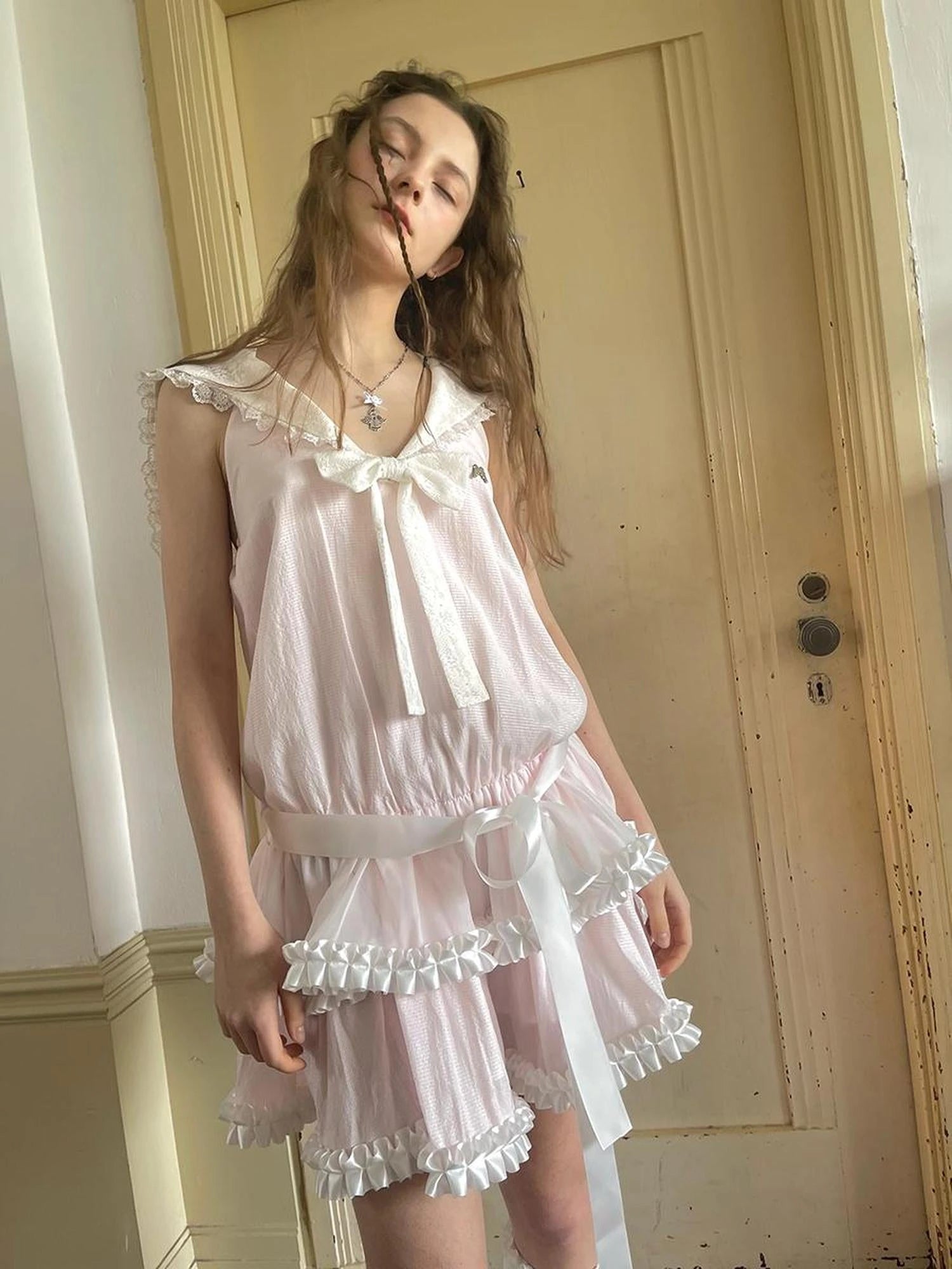 Angel Tears Pink Lace Bow Sailor Collar Sleeveless Low Waist Dress