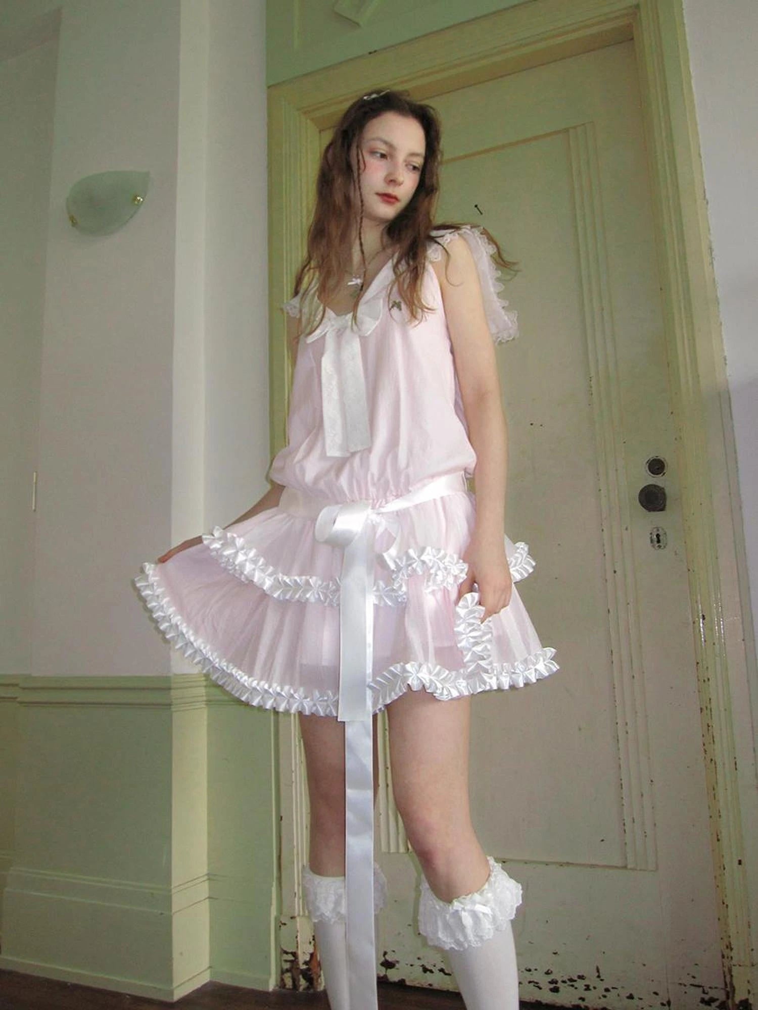 Angel Tears Pink Lace Bow Sailor Collar Sleeveless Low Waist Dress