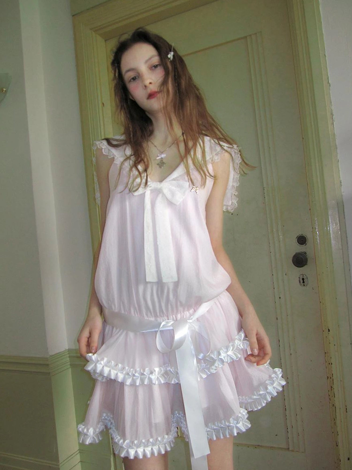 Angel Tears Pink Lace Bow Sailor Collar Sleeveless Low Waist Dress