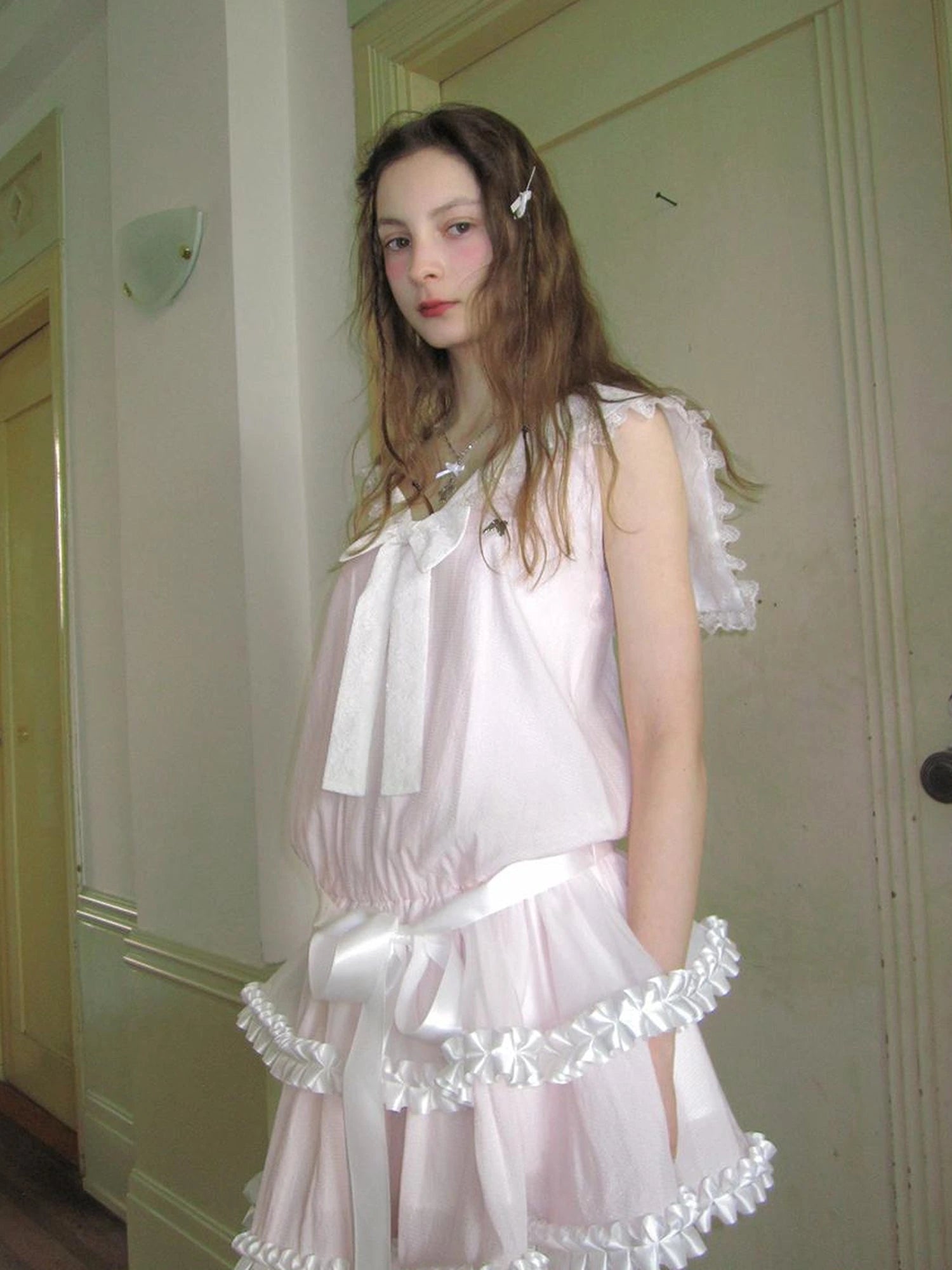 Angel Tears Pink Lace Bow Sailor Collar Sleeveless Low Waist Dress