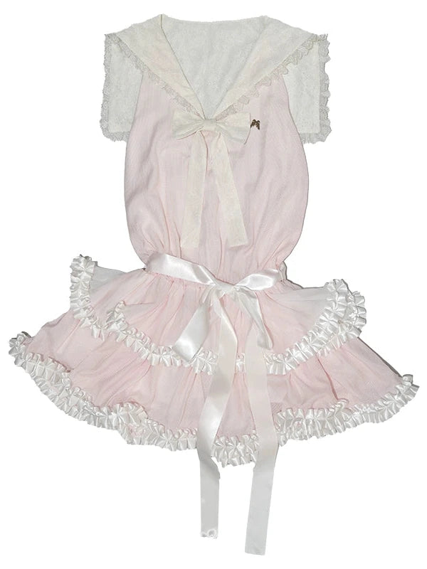 Angel Tears Pink Lace Bow Sailor Collar Sleeveless Low Waist Dress