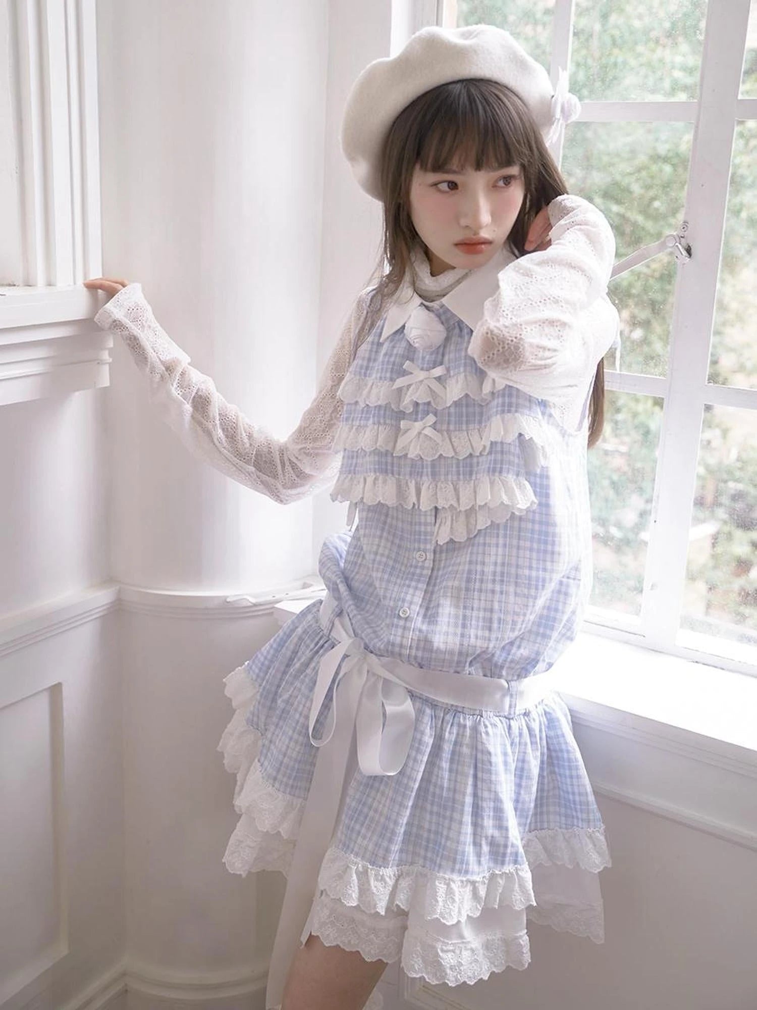 Blue Check Lace Trim Low Waist Sleeveless V-neck Dress