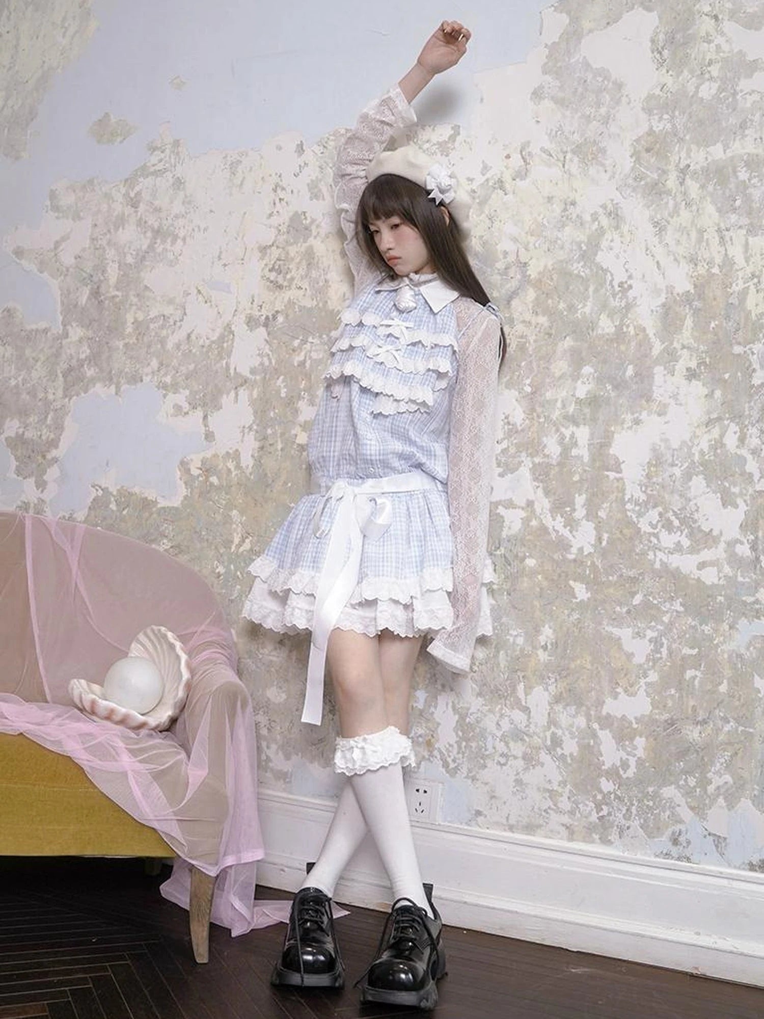 Blue Check Lace Trim Low Waist Sleeveless V-neck Dress