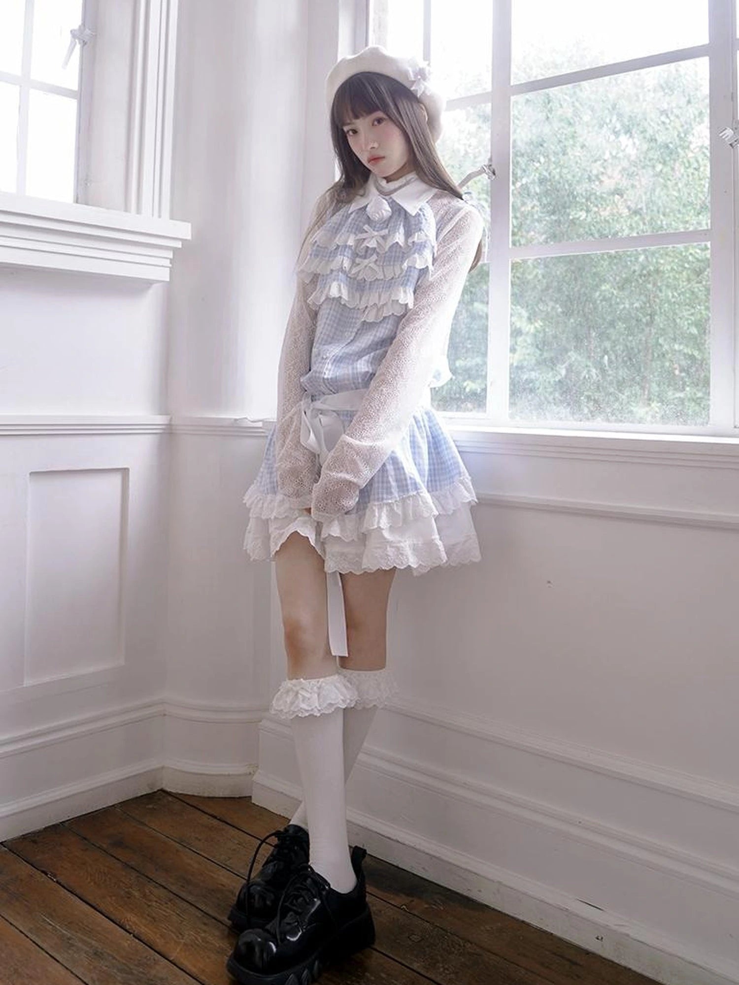 Blue Check Lace Trim Low Waist Sleeveless V-neck Dress