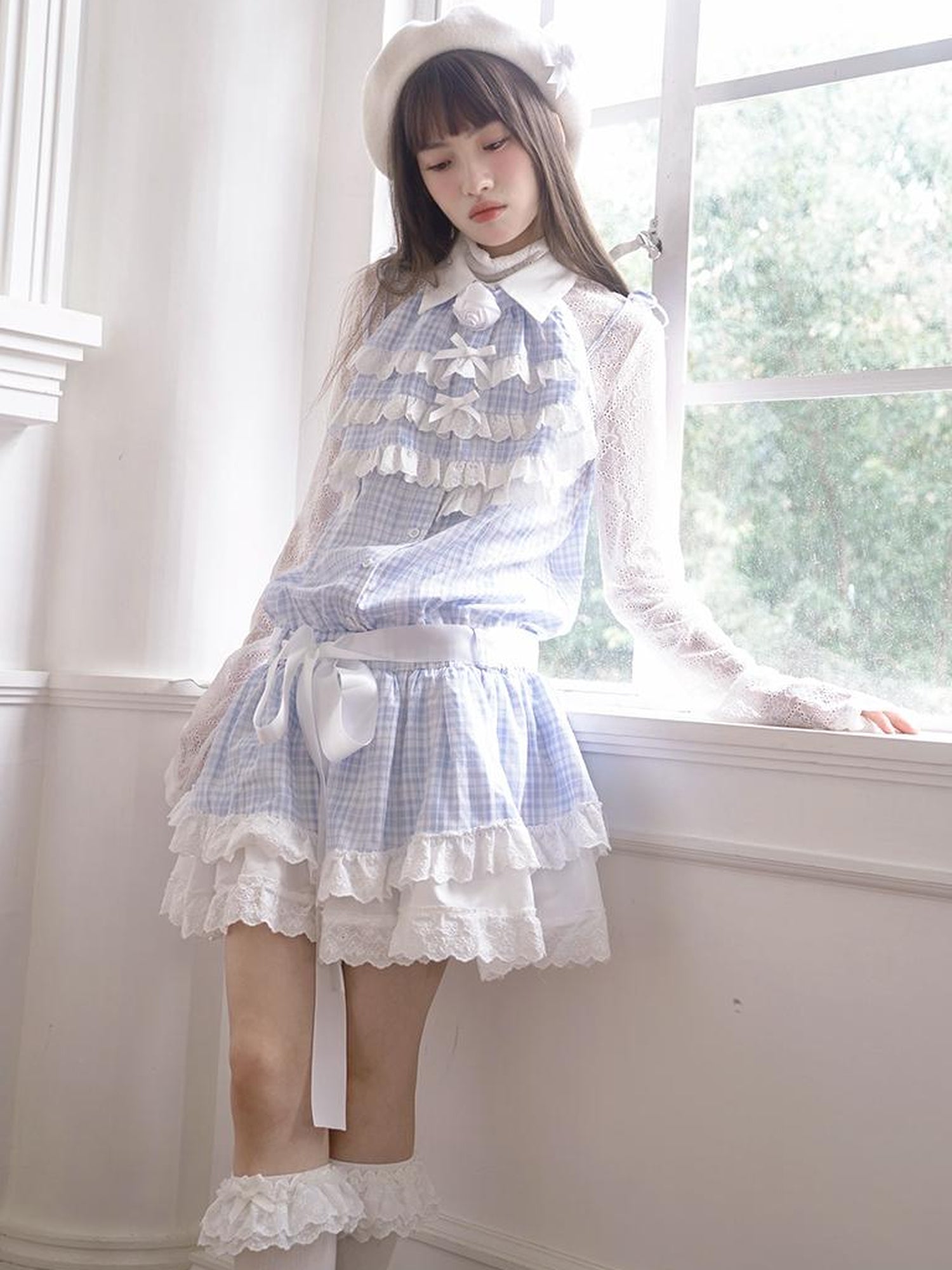 Daytoday Blue Check Lace Trim Low Waist Sleeveless V-neck Dress