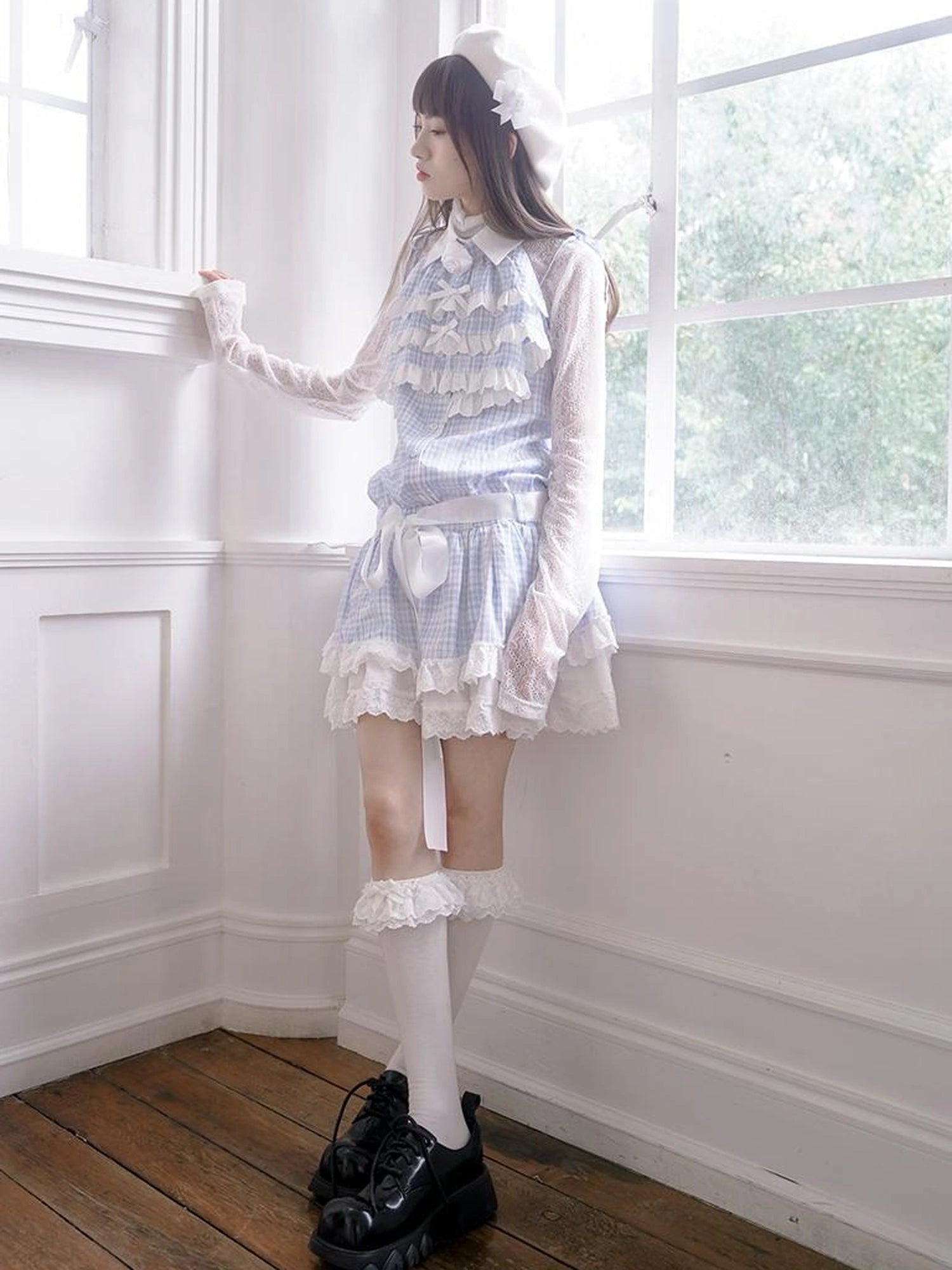 Blue Check Lace Trim Low Waist Sleeveless V-neck Dress