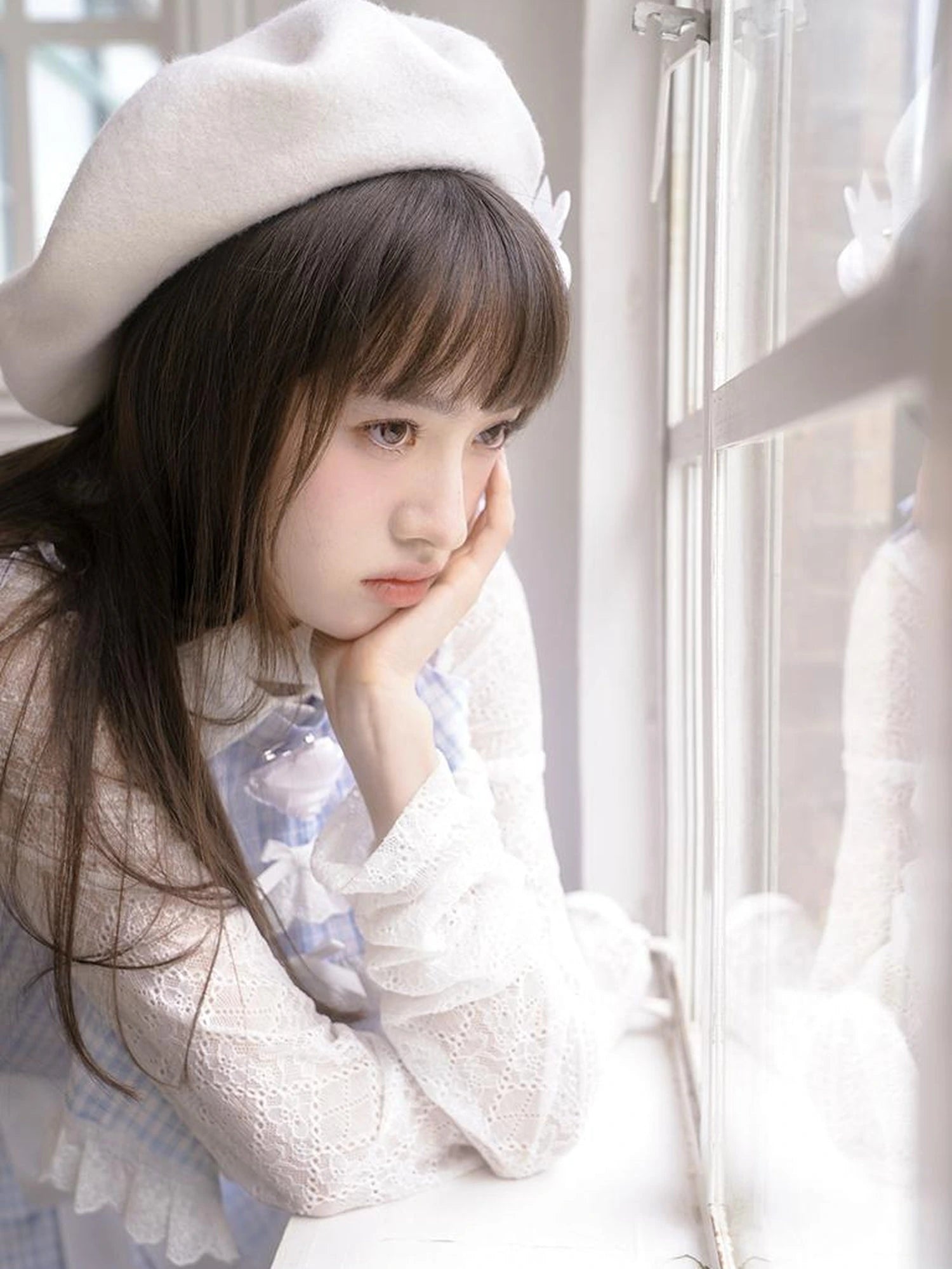 Blue Check Lace Trim Low Waist Sleeveless V-neck Dress