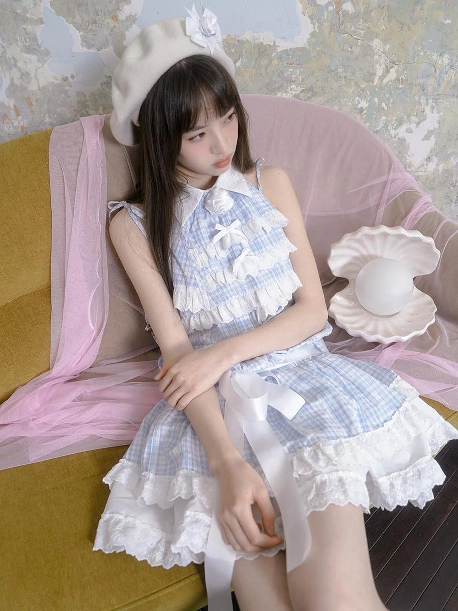 Blue Check Lace Trim Low Waist Sleeveless V-neck Dress