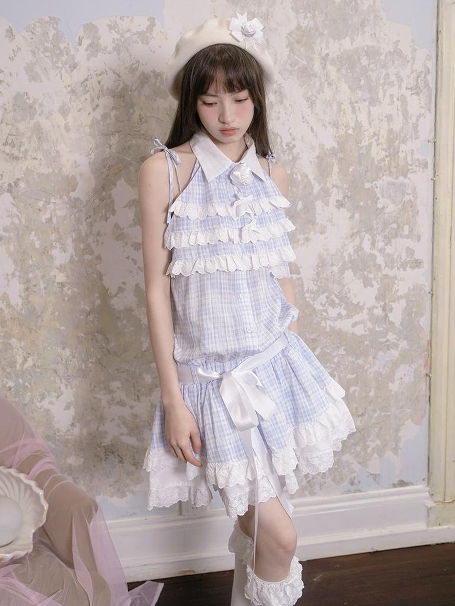 Daytoday Blue Check Lace Trim Low Waist Sleeveless V-neck Dress