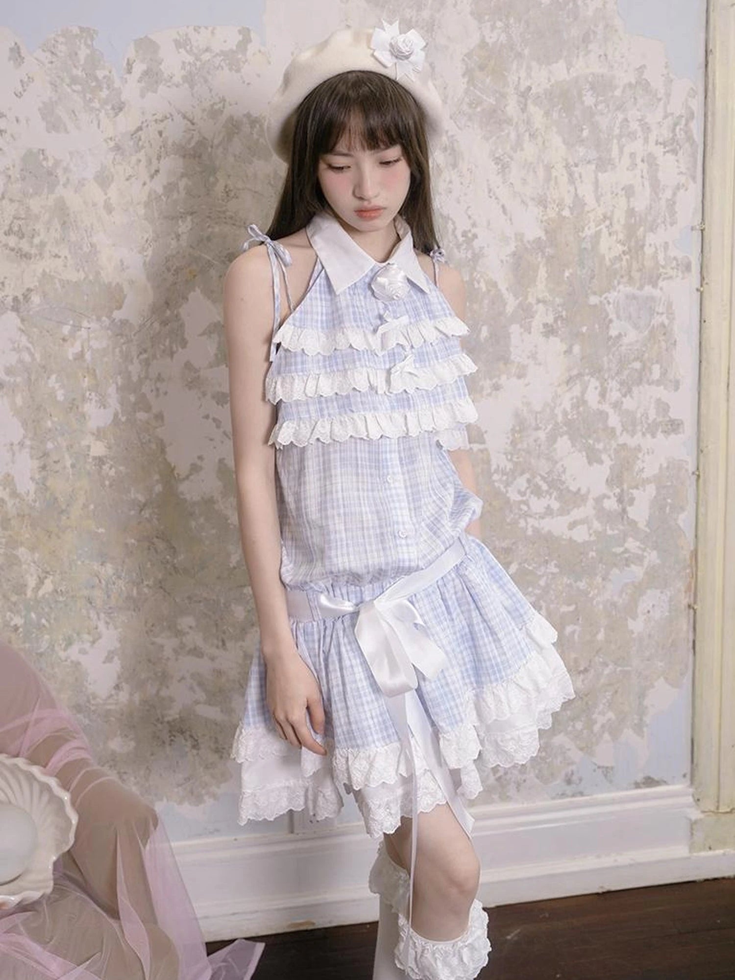 Blue Check Lace Trim Low Waist Sleeveless V-neck Dress