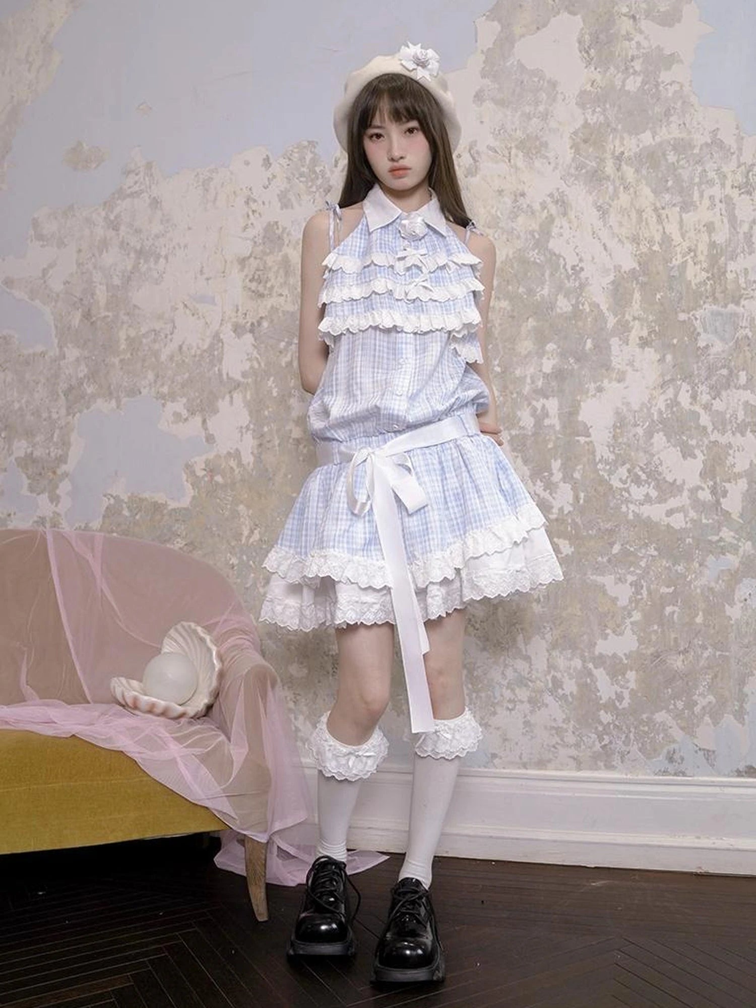 Blue Check Lace Trim Low Waist Sleeveless V-neck Dress