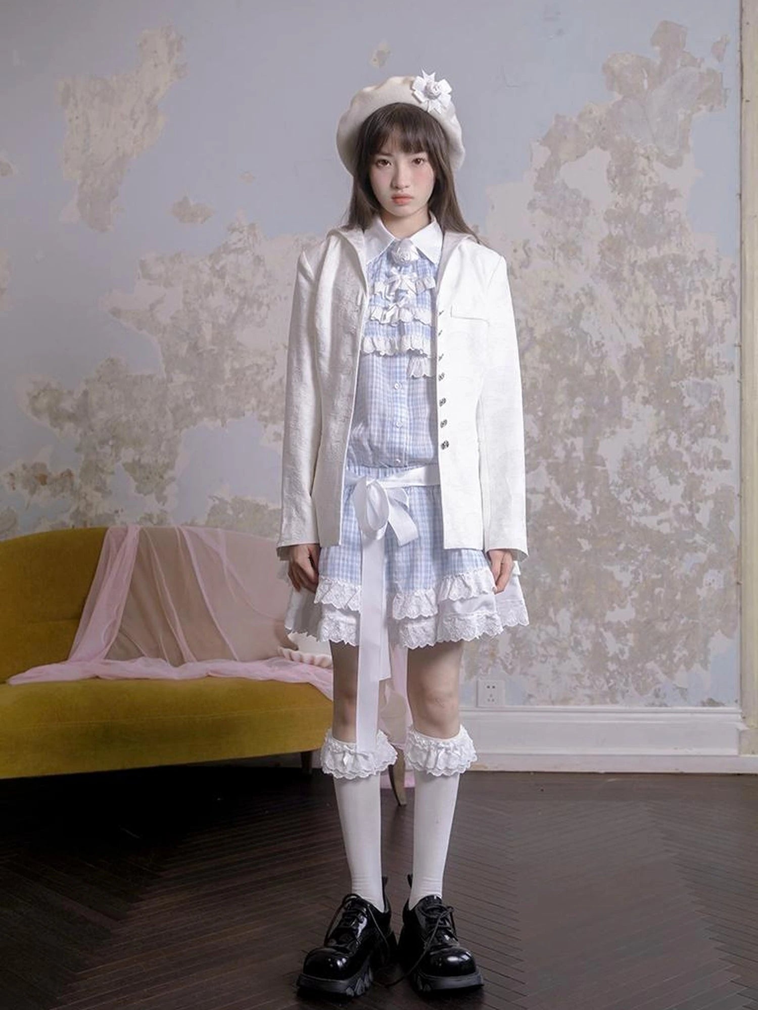 Blue Check Lace Trim Low Waist Sleeveless V-neck Dress