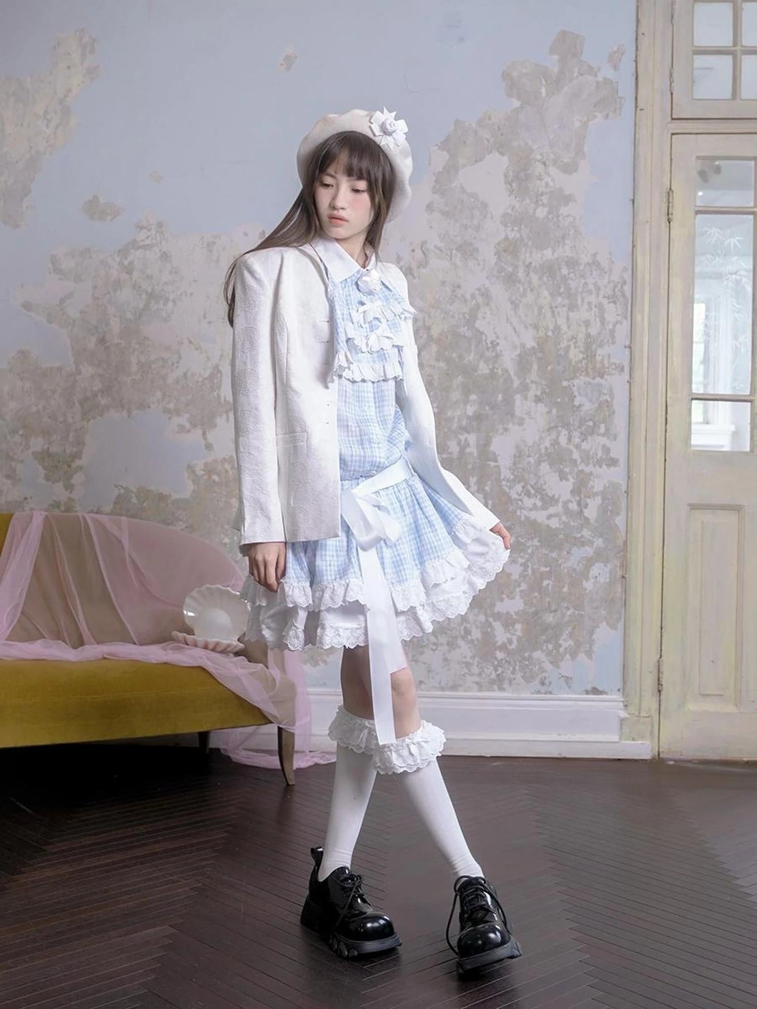 Blue Check Lace Trim Low Waist Sleeveless V-neck Dress