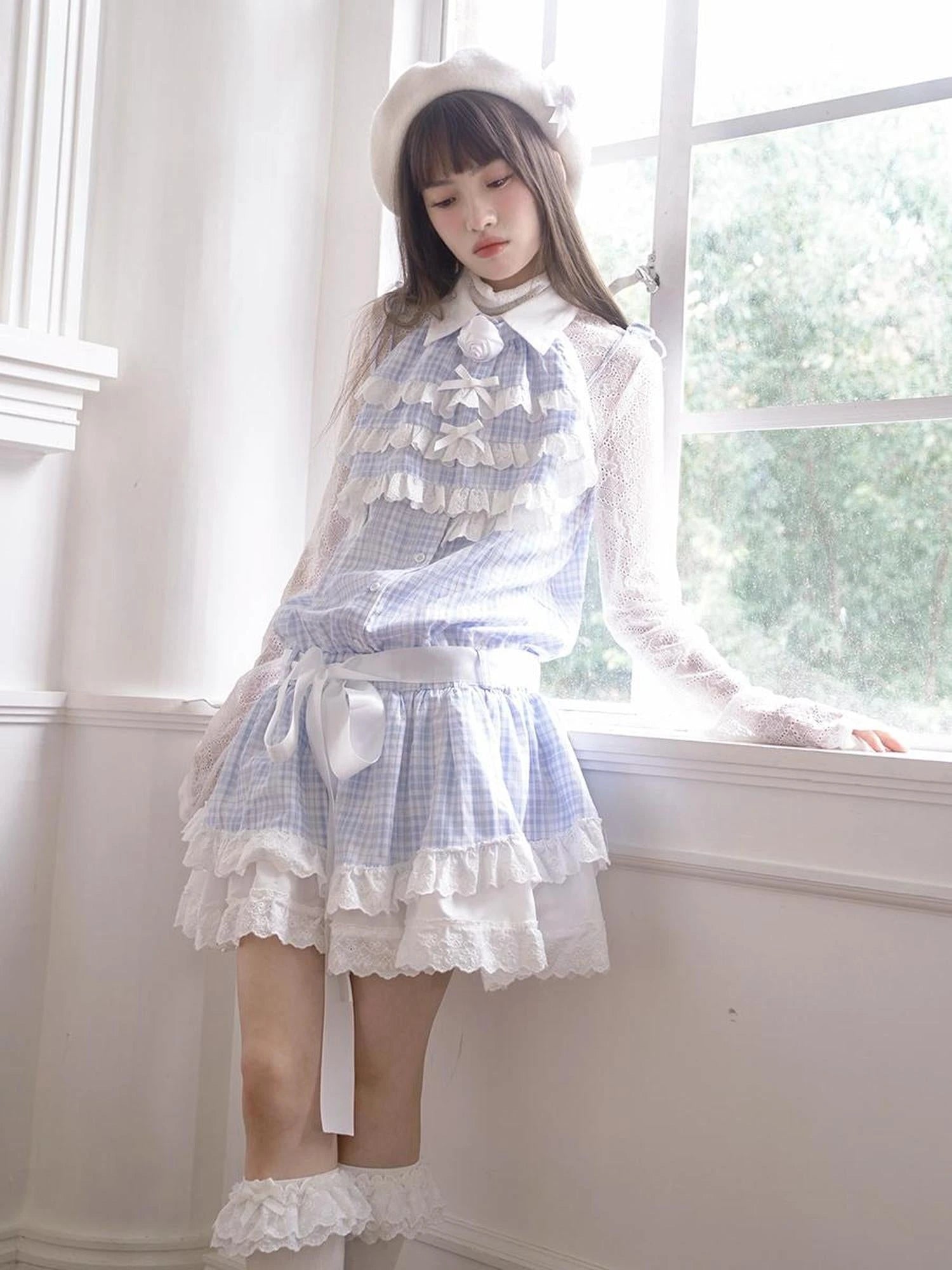 Blue Check Lace Trim Low Waist Sleeveless V-neck Dress