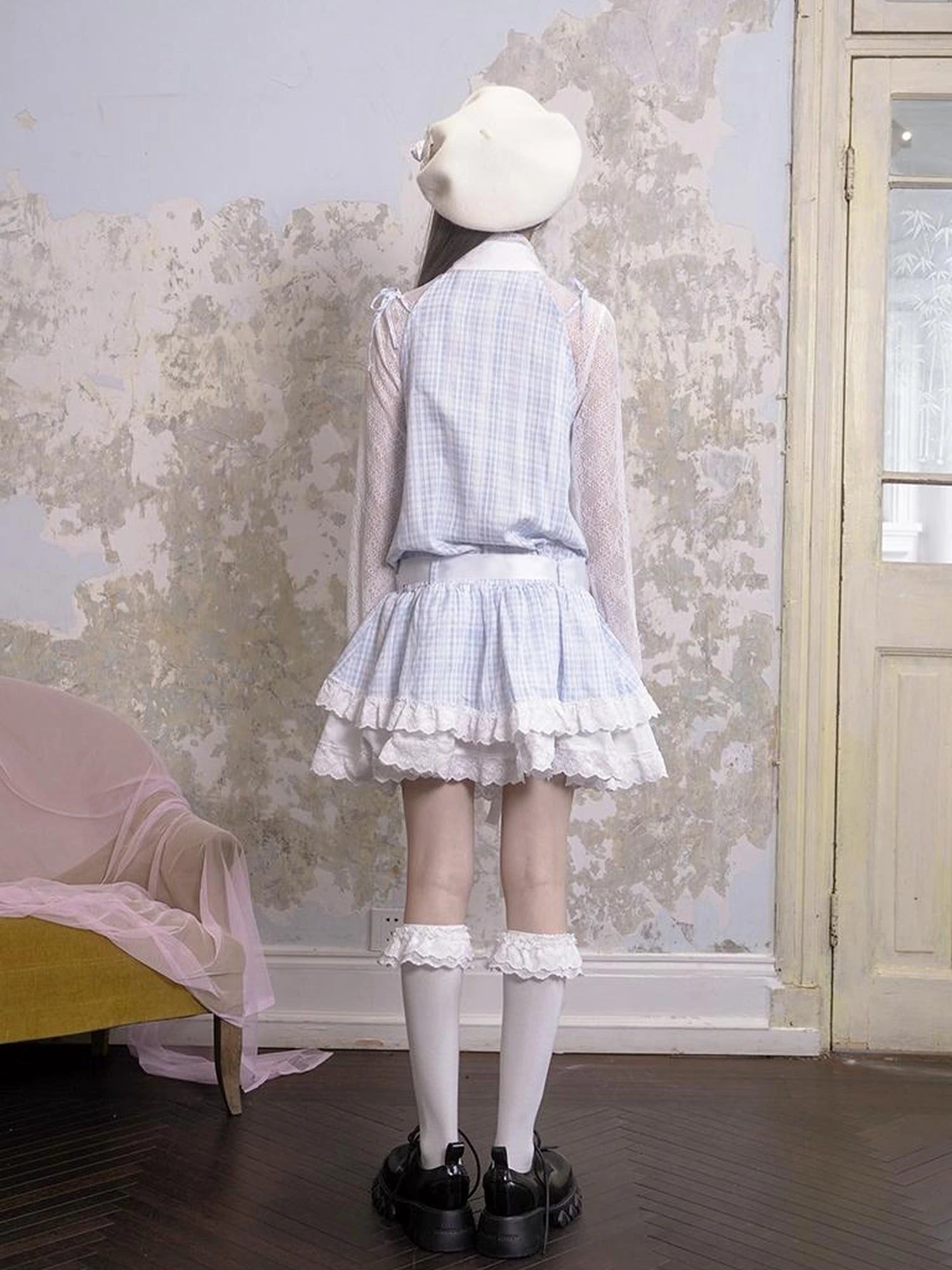 Blue Check Lace Trim Low Waist Sleeveless V-neck Dress