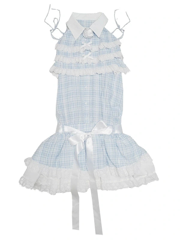 Blue Check Lace Trim Low Waist Sleeveless V-neck Dress