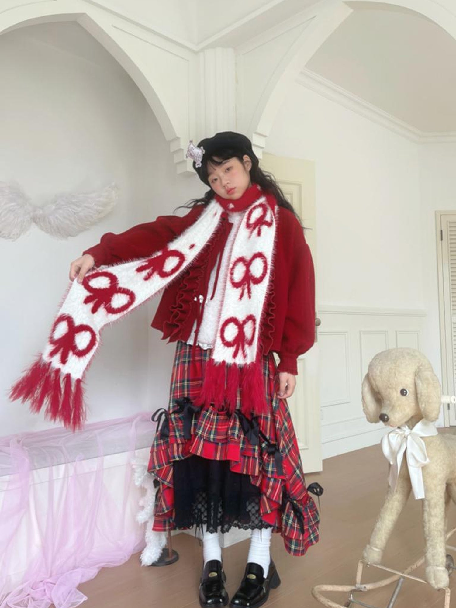 Daytoday Butterfly Bow Jacquard Fringe Red White Christmas Scarf