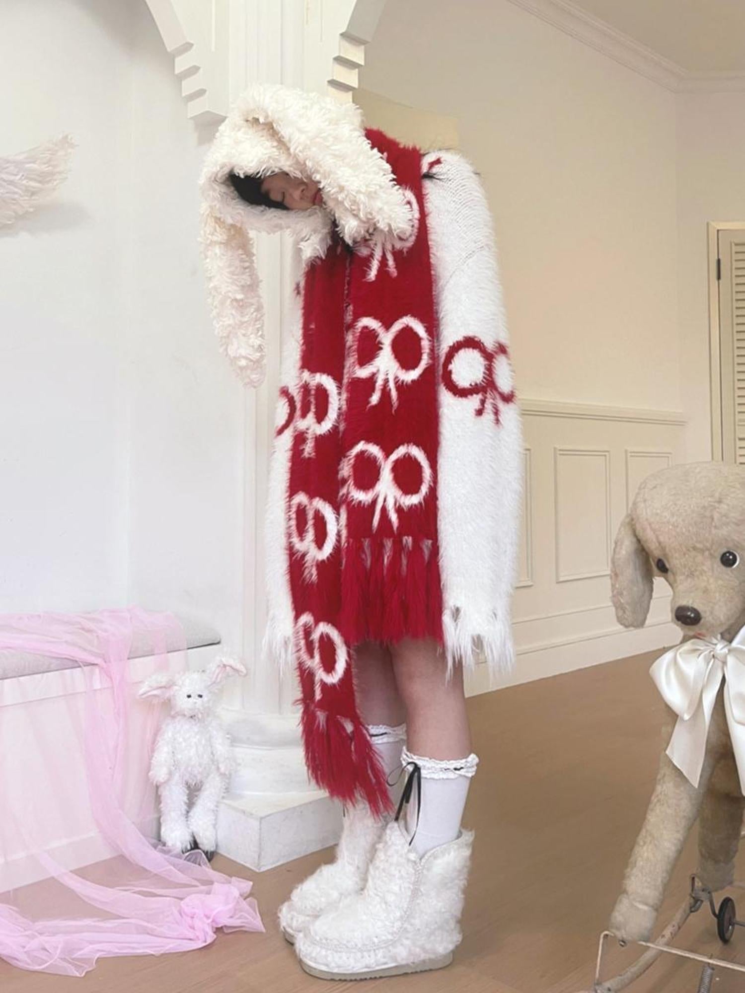 Daytoday Butterfly Bow Jacquard Fringe Red White Christmas Scarf