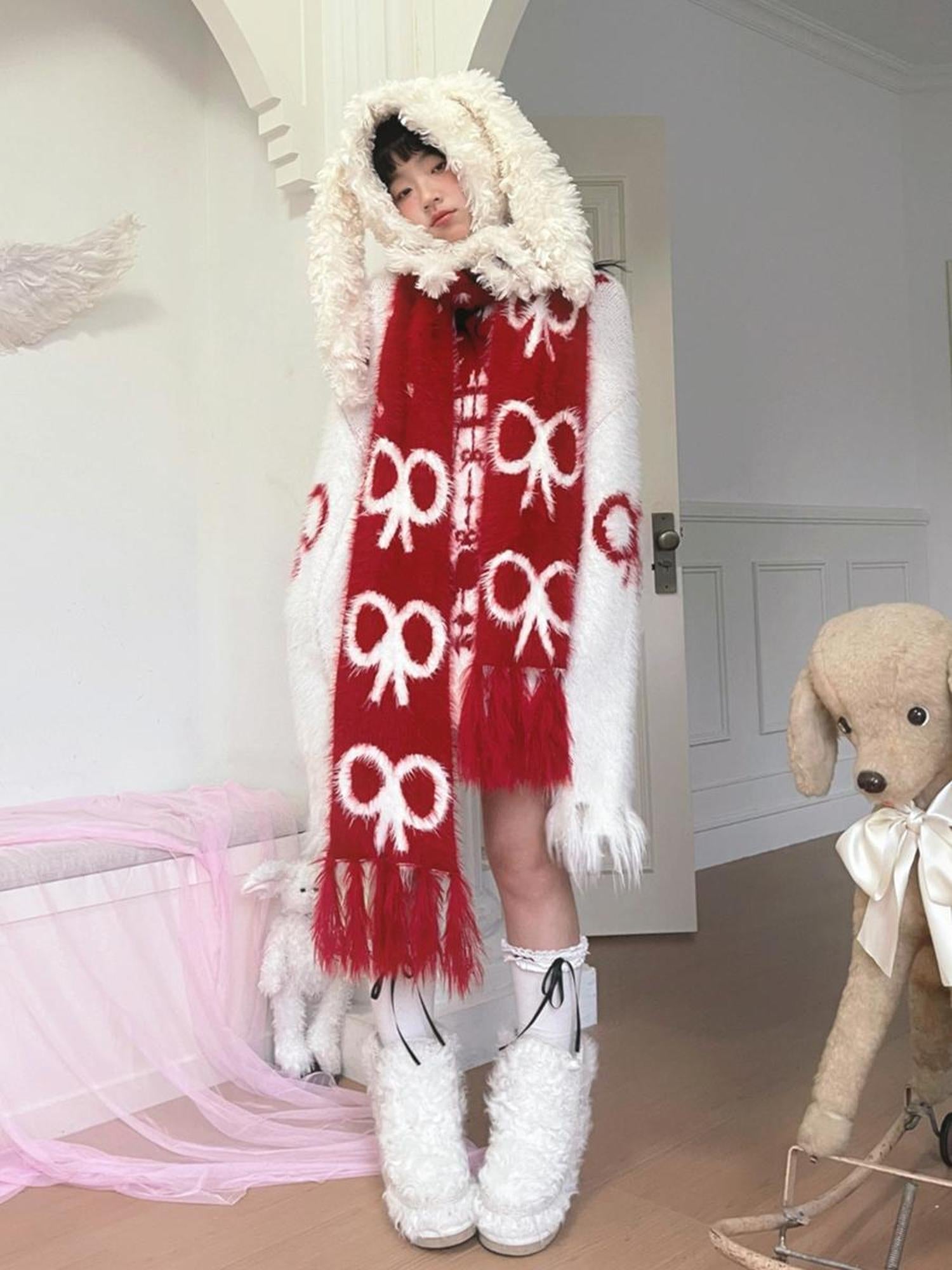 Daytoday Butterfly Bow Jacquard Fringe Red White Christmas Scarf