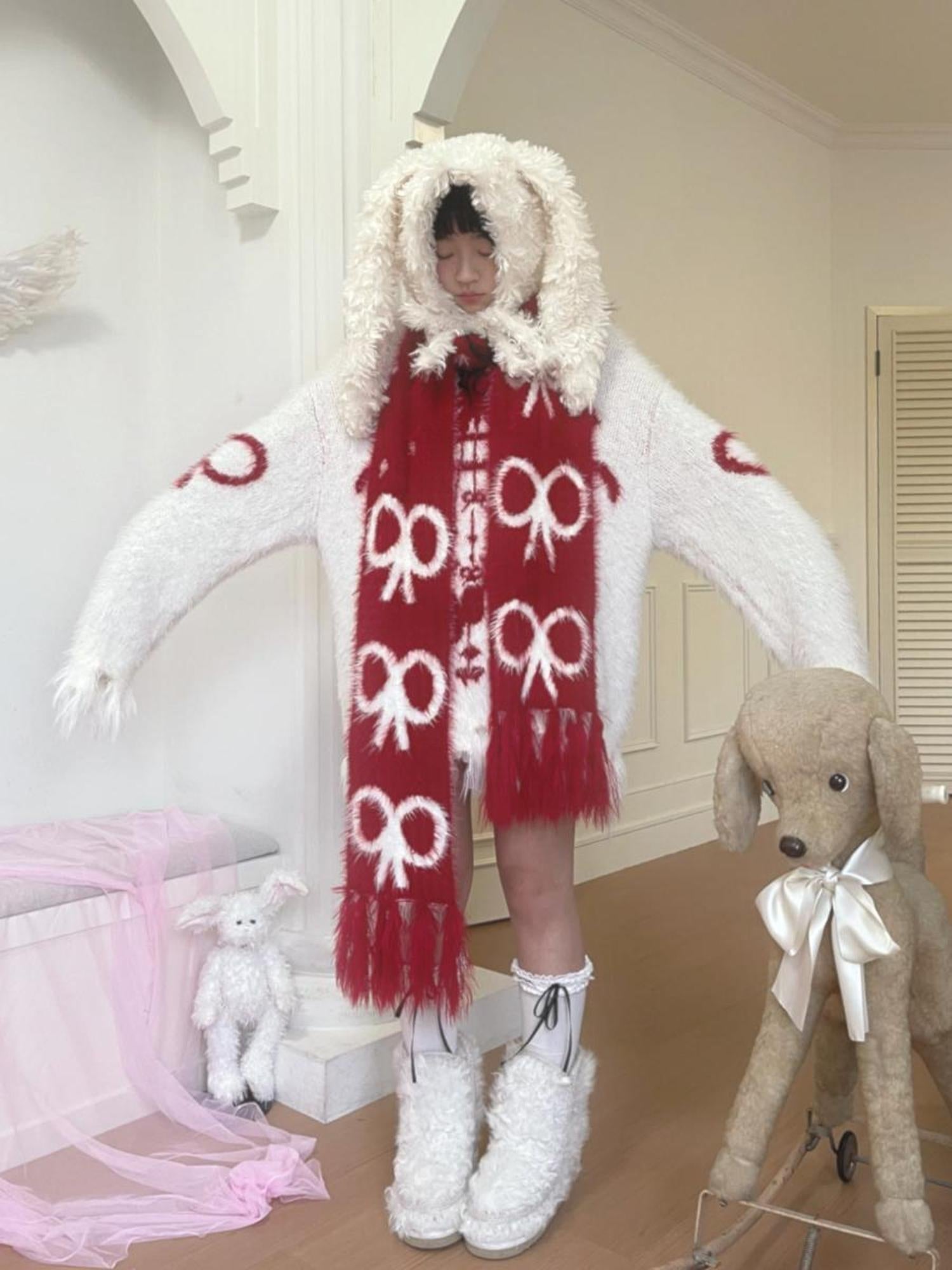 Daytoday Butterfly Bow Jacquard Fringe Red White Christmas Scarf