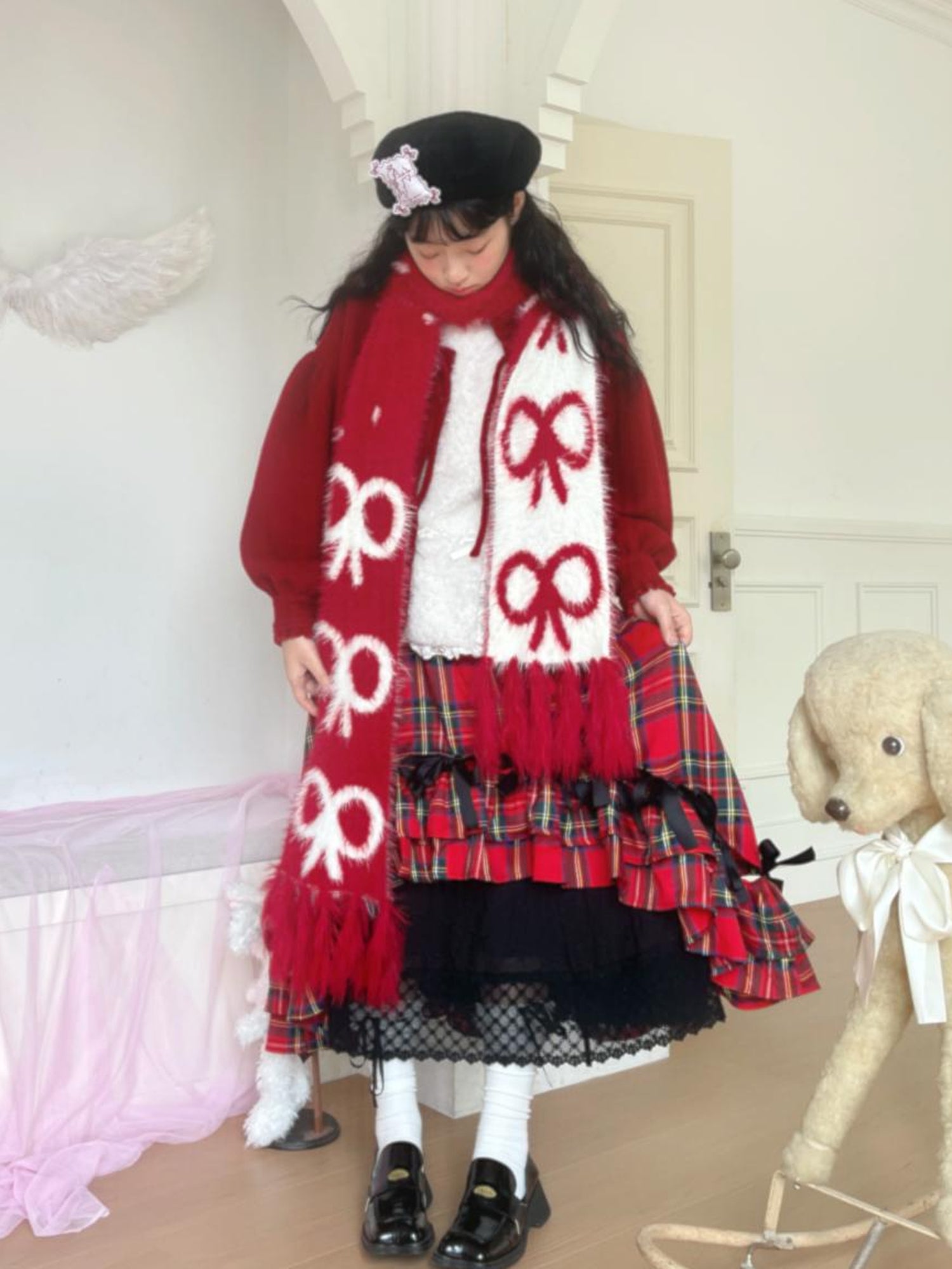 Daytoday Butterfly Bow Jacquard Fringe Red White Christmas Scarf