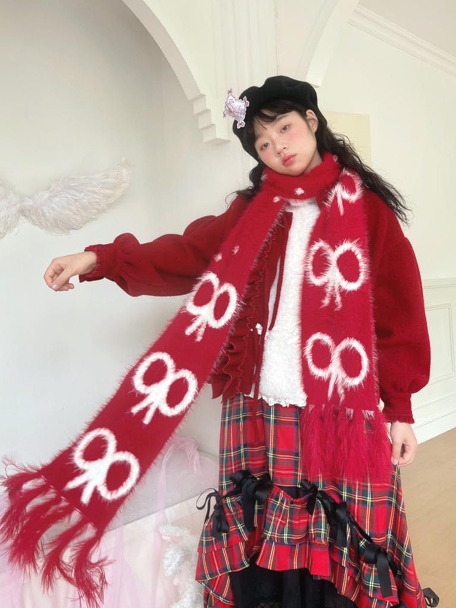 Daytoday Butterfly Bow Jacquard Fringe Red White Christmas Scarf
