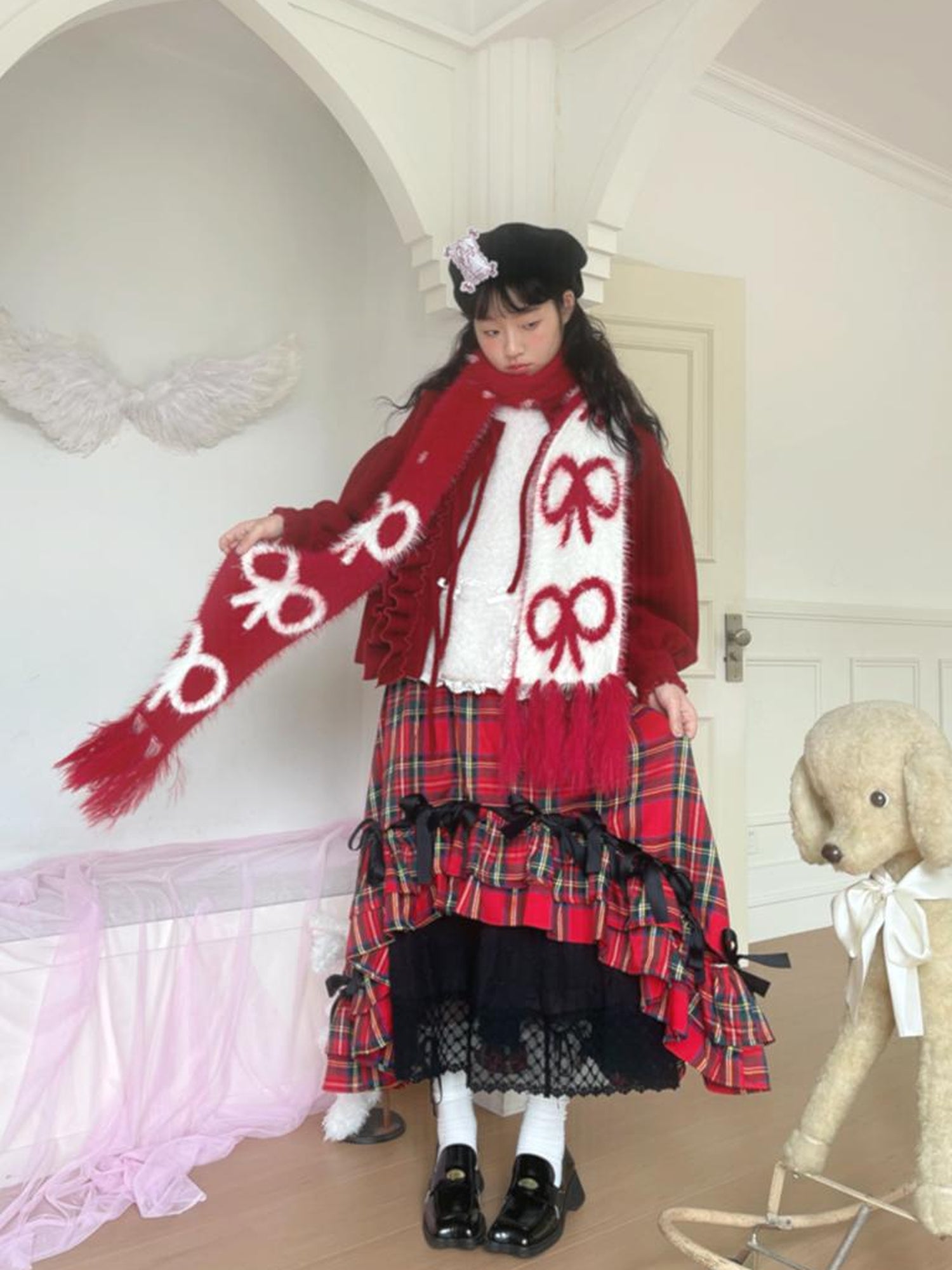 Daytoday Butterfly Bow Jacquard Fringe Red White Christmas Scarf