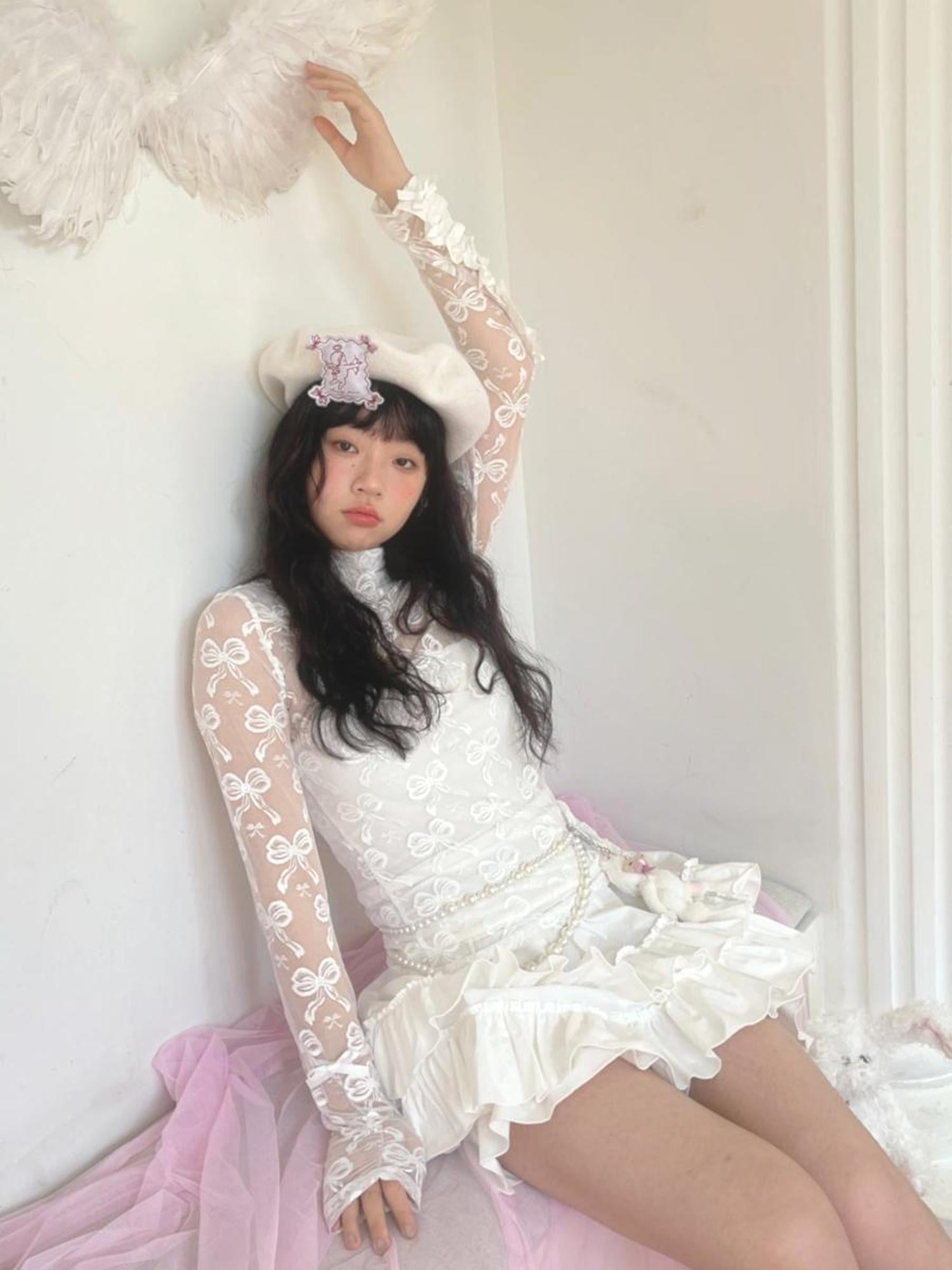 Daytoday Butterfly Bow Jacquard Stretch Turtleneck Top