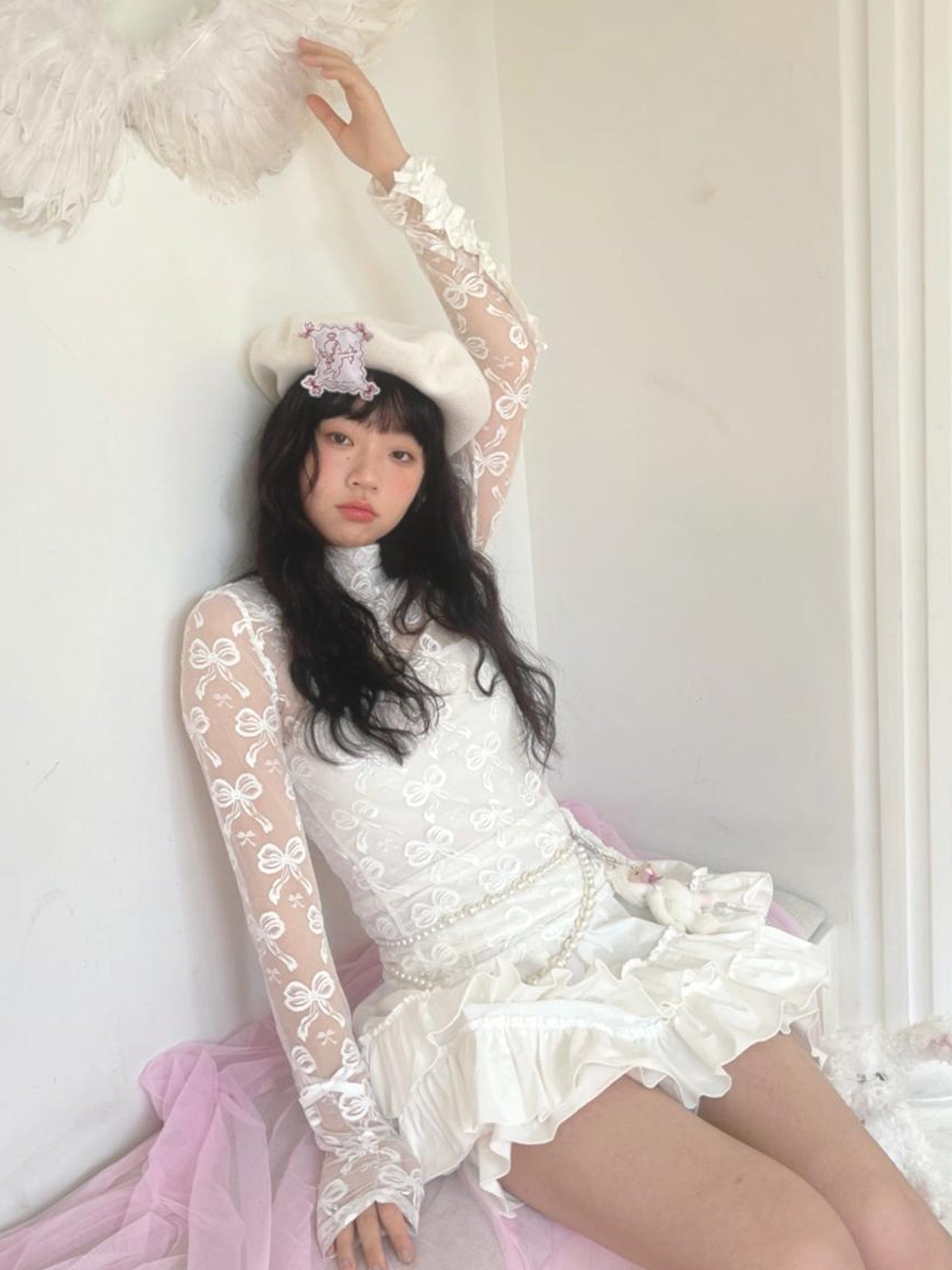 Daytoday Butterfly Bow Jacquard Stretch Turtleneck Top