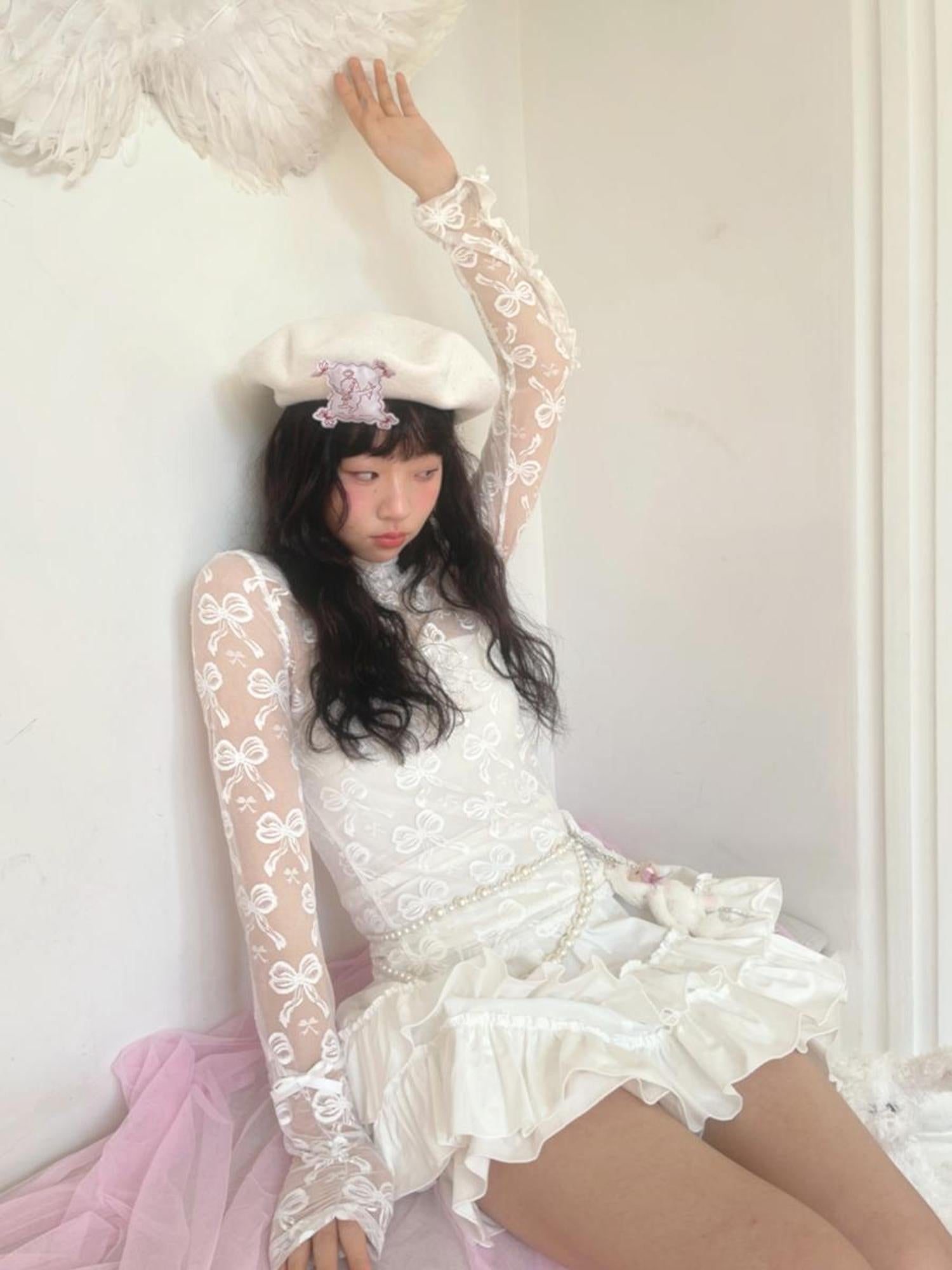 Daytoday Butterfly Bow Jacquard Stretch Turtleneck Top