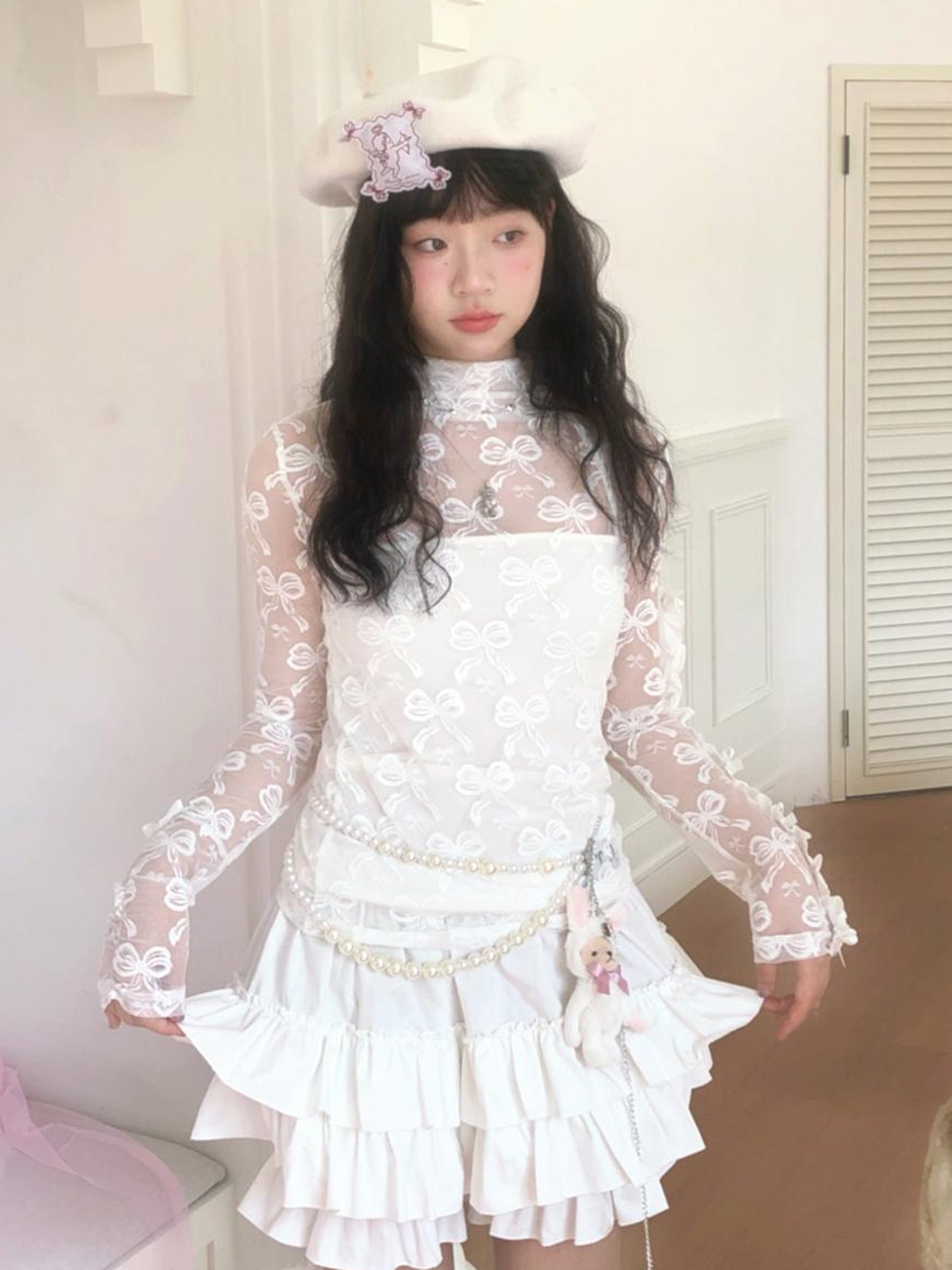 Daytoday Butterfly Bow Jacquard Stretch Turtleneck Top