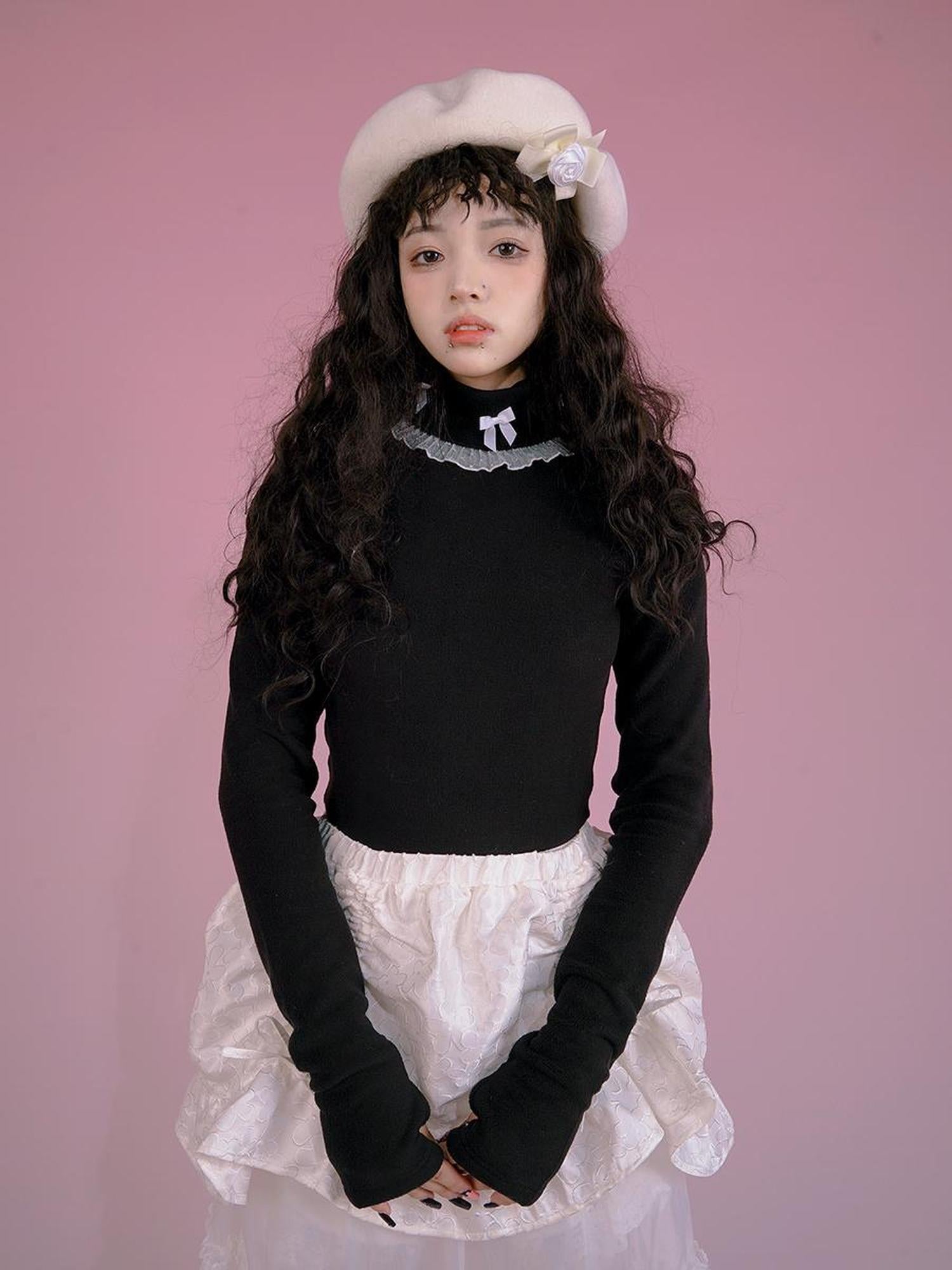 Daytoday Butterfly Bow Ribbed High Neck Long Sleeve Top