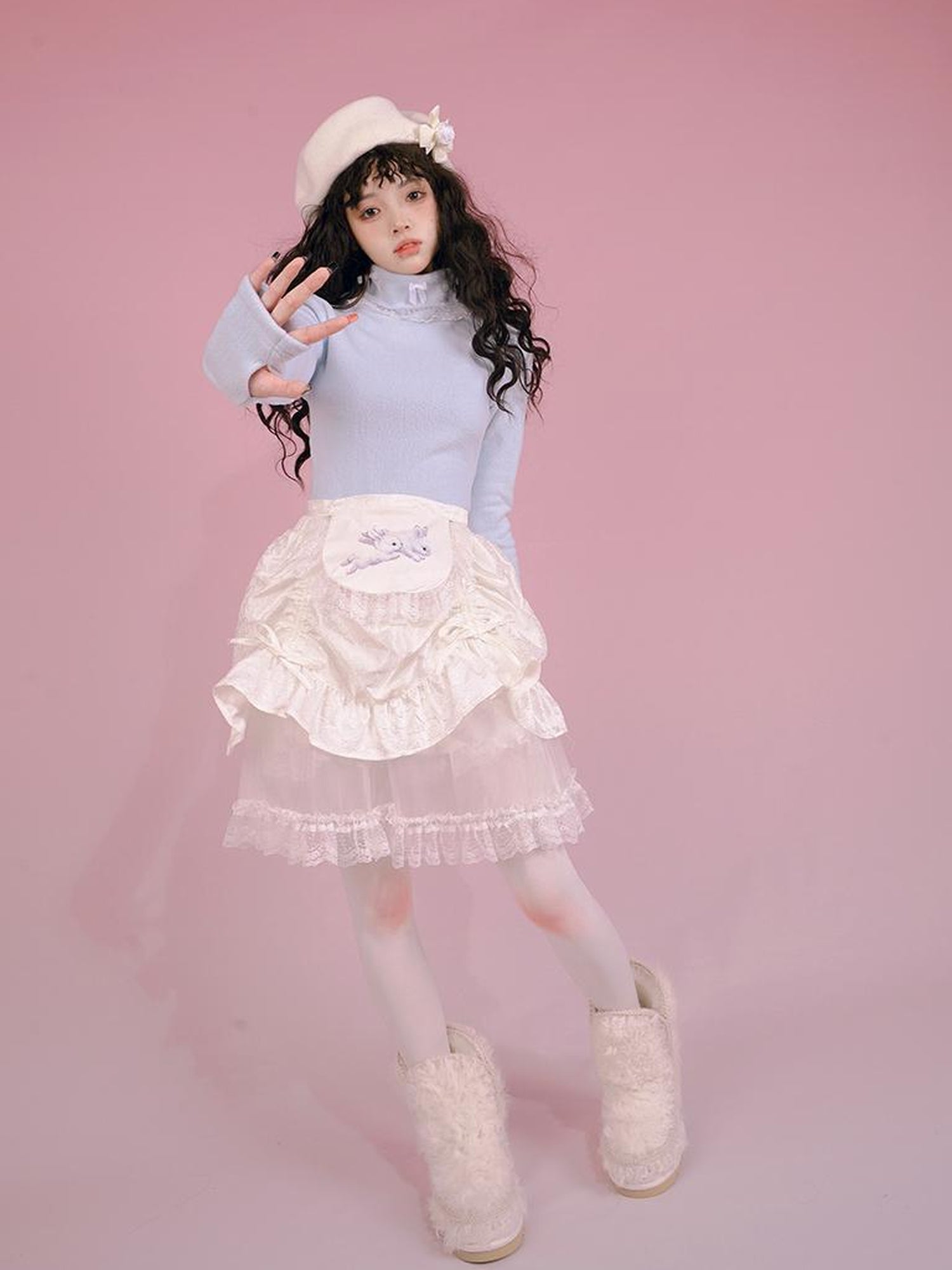 Daytoday Butterfly Bow Ribbed High Neck Long Sleeve Top